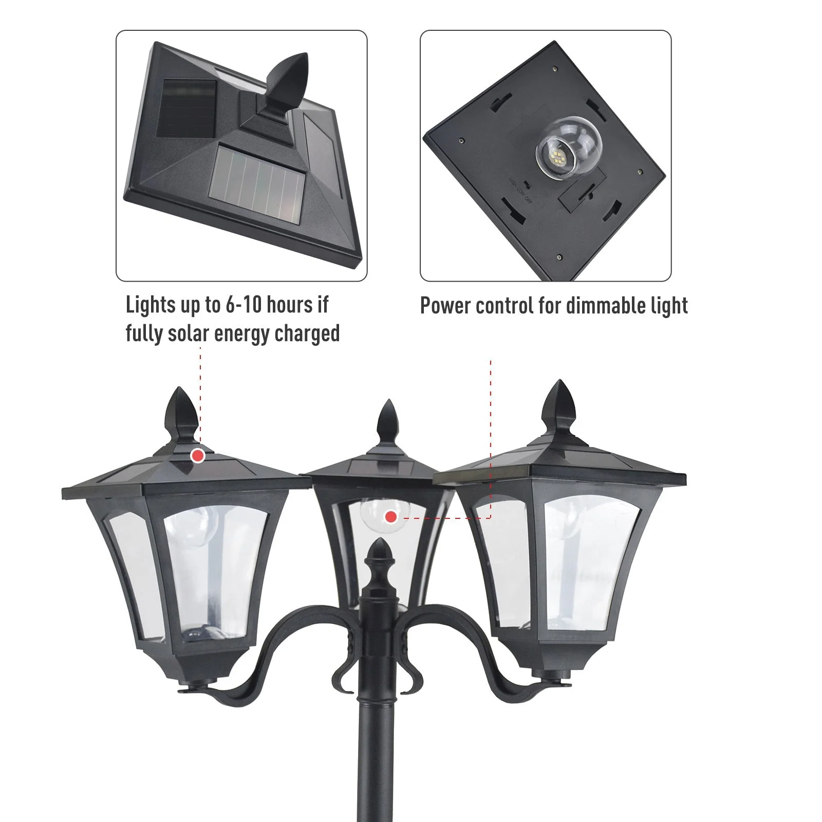 1.8m Traditional Victorian Style 3 Way Head Outdoor Garden Solar Post Lamp Sensor Dimmable LED Lantern Bollard Pathway IP44 – Black - Image 4