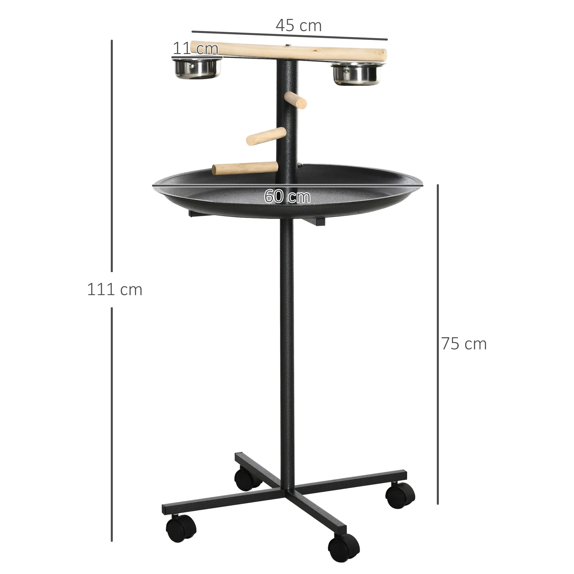 111cm Bird Barh & Feeder Wheeled Stainless Steel & Wood Black by Pawhut - Image 3