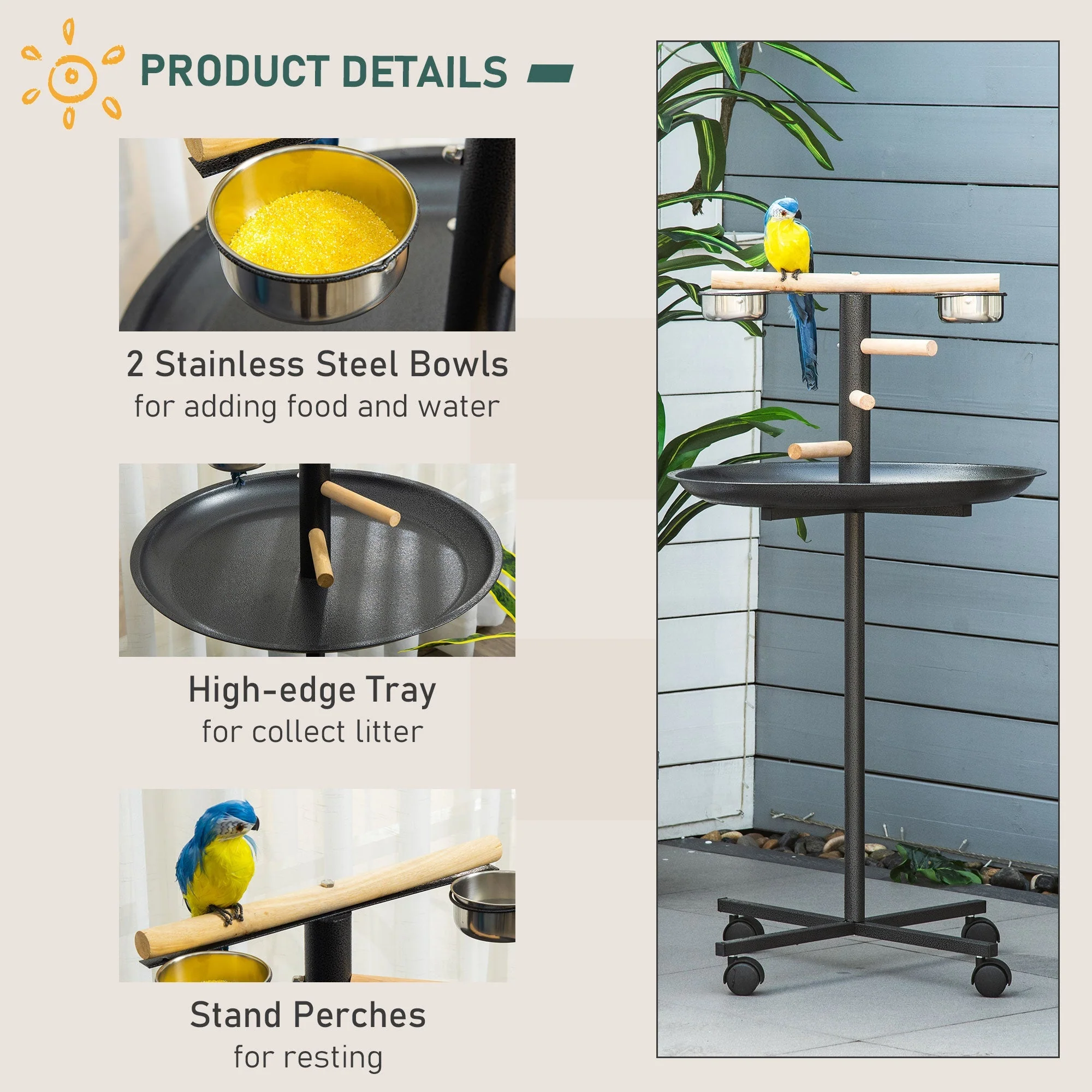 111cm Bird Barh & Feeder Wheeled Stainless Steel & Wood Black by Pawhut - Image 5