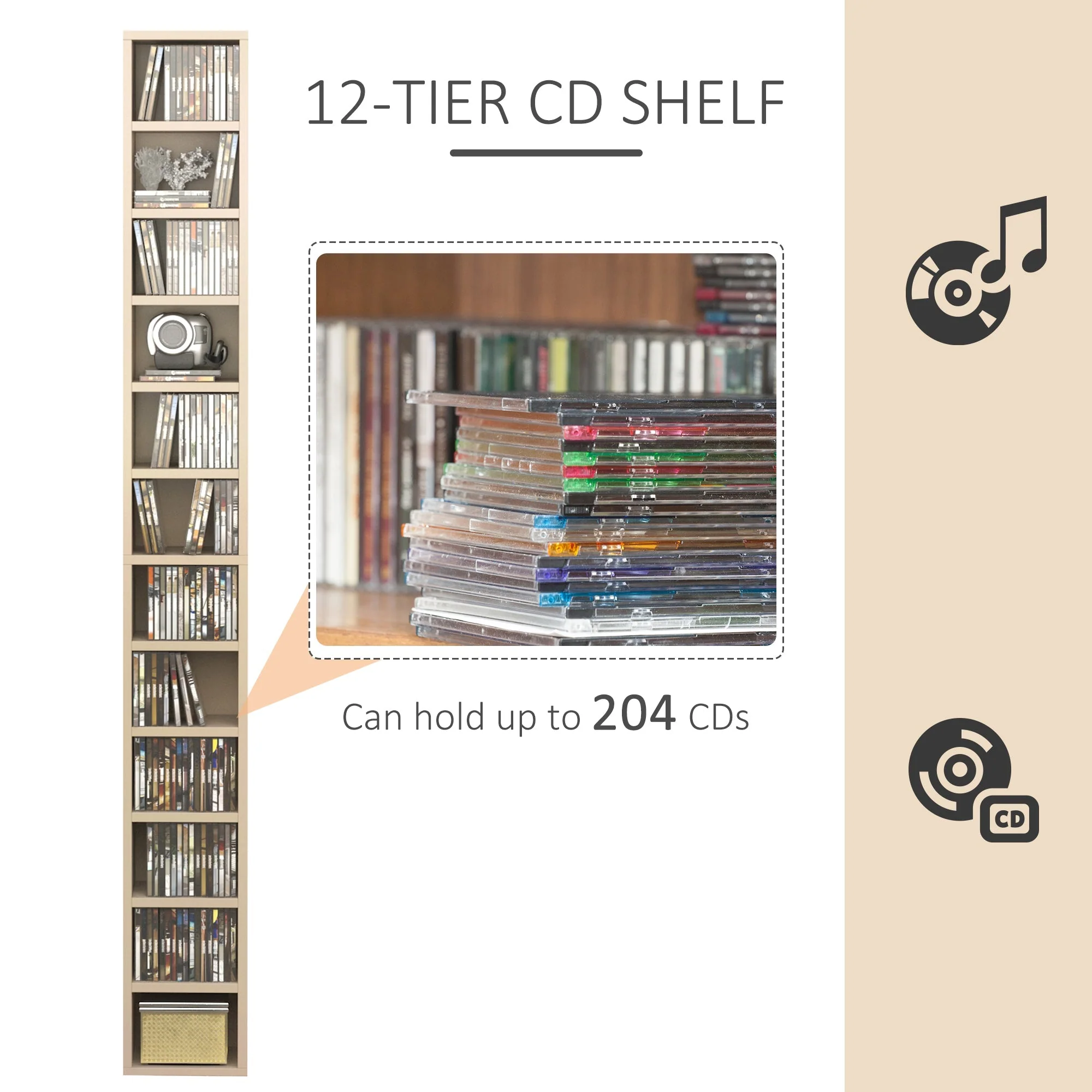 12-tier Media Storage Cabinet 204 CDs Shelf Tower Multimedia Organizer Rack Stand Bookcase Display Unit - Image 5