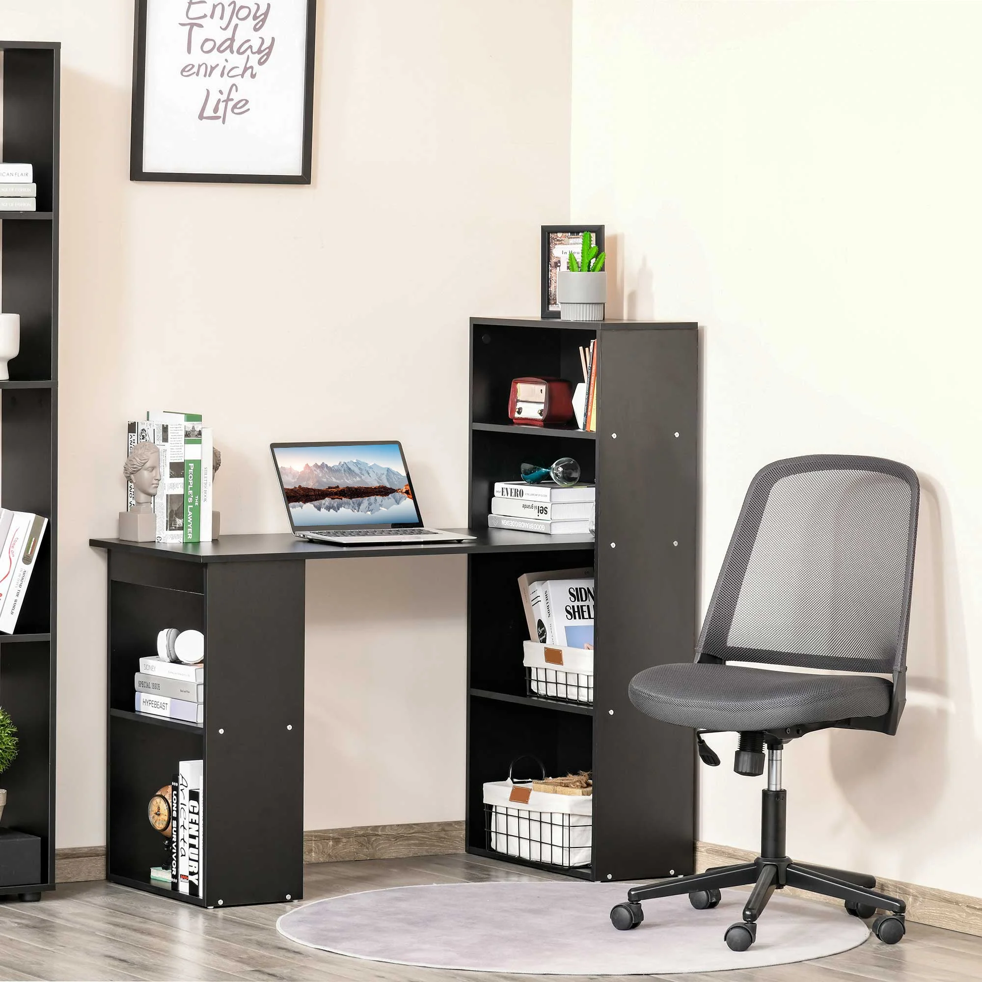 120cm Modern Computer Desk Bookshelf Study Table Workstation PC Laptop Writing Home Office 6 Shelves Black - Image 4