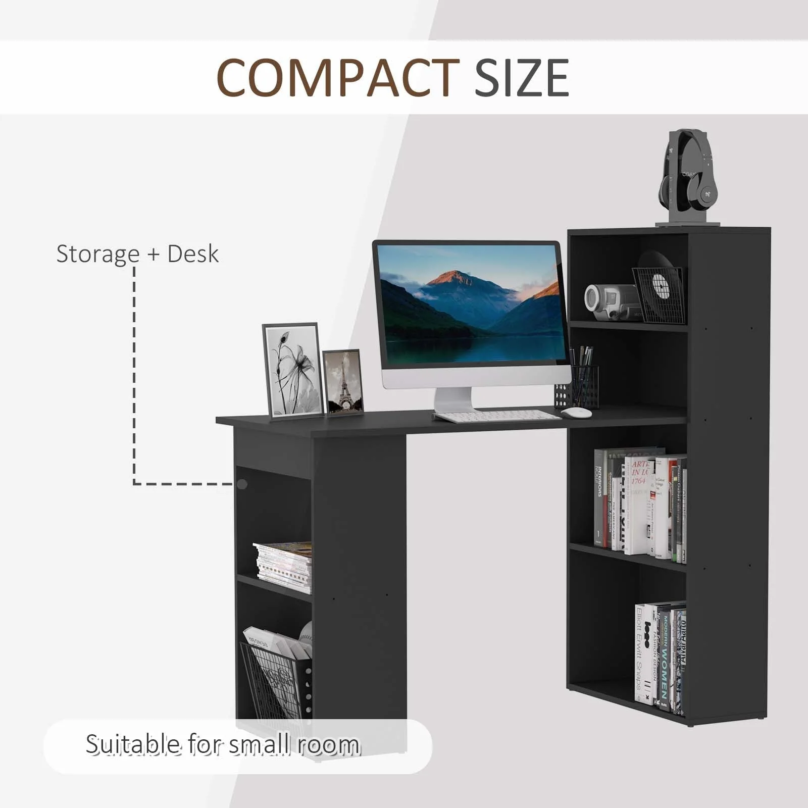 120cm Modern Computer Desk Bookshelf Study Table Workstation PC Laptop Writing Home Office 6 Shelves Black - Image 5