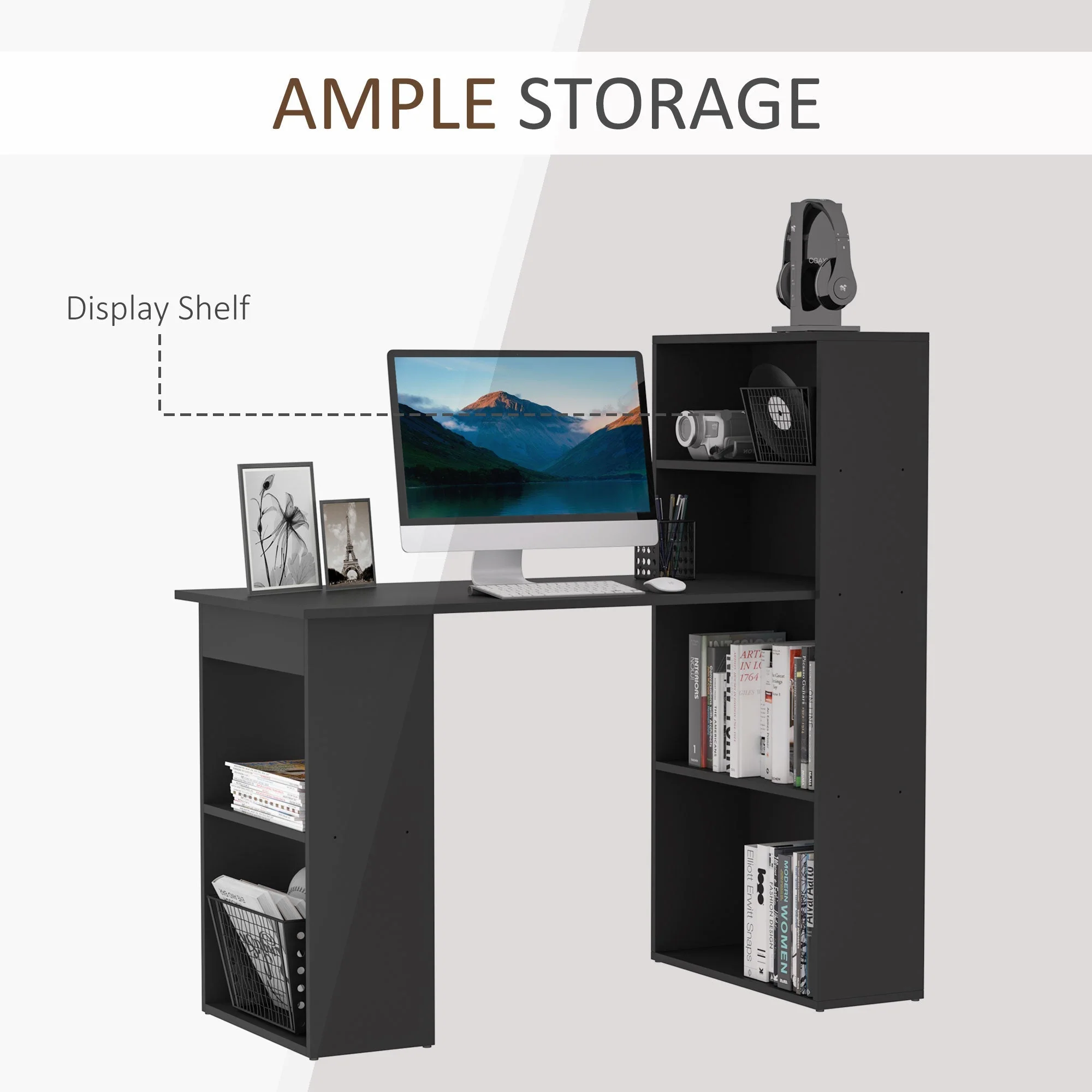 120cm Modern Computer Desk Bookshelf Study Table Workstation PC Laptop Writing Home Office 6 Shelves Black - Image 6