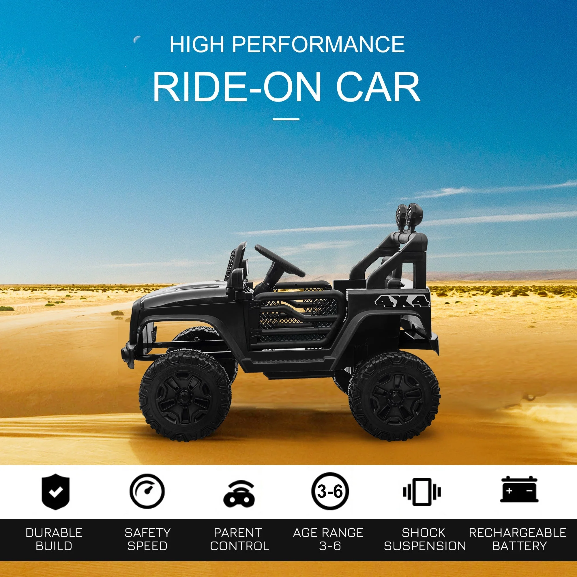 12V Battery-powered 2 Motors Kids Electric Ride On Car Truck Off-road Toy with Parental Remote Control Horn Lights Suspension Wheels for 3-6 Years Old Black - Image 4
