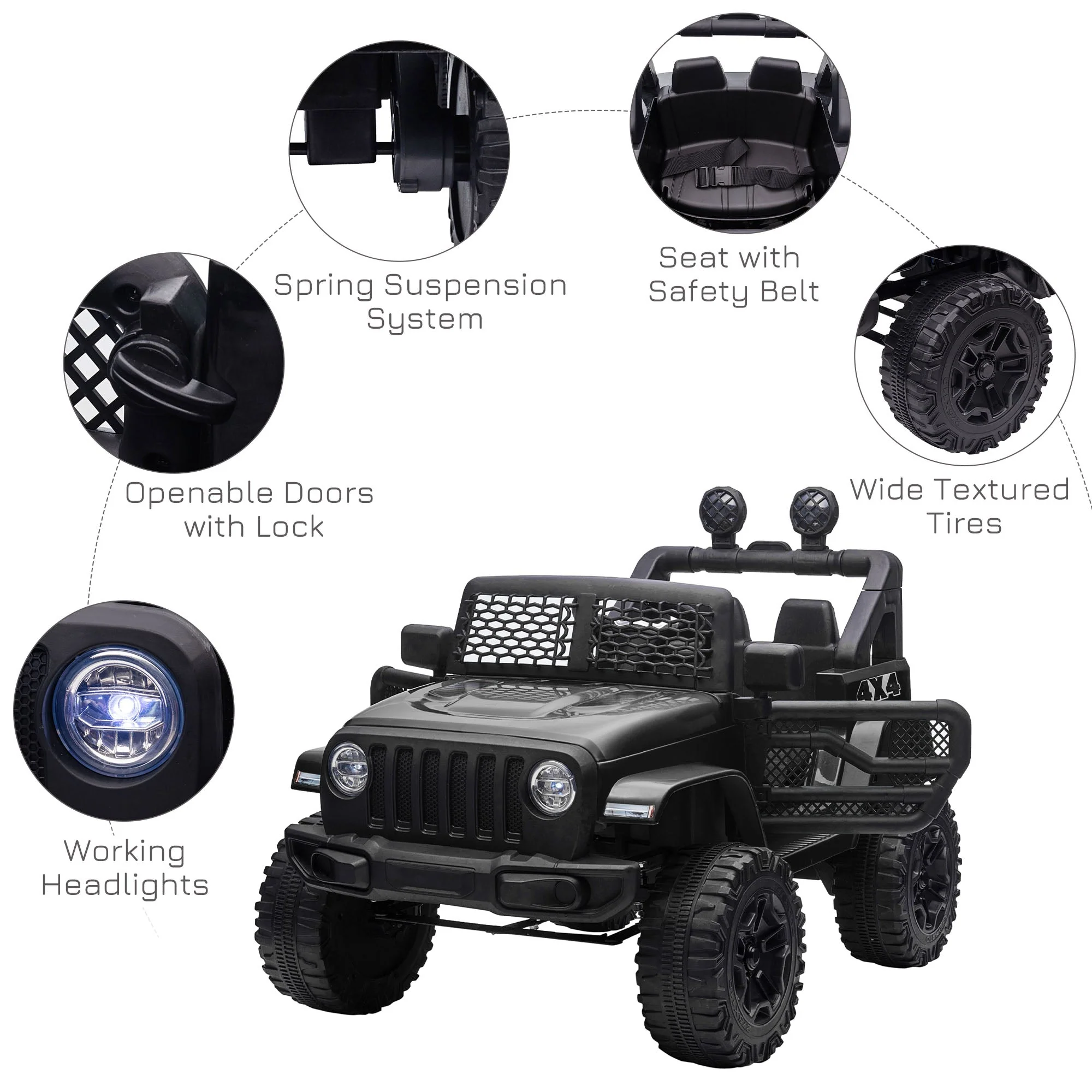 12V Battery-powered 2 Motors Kids Electric Ride On Car Truck Off-road Toy with Parental Remote Control Horn Lights Suspension Wheels for 3-6 Years Old Black - Image 5