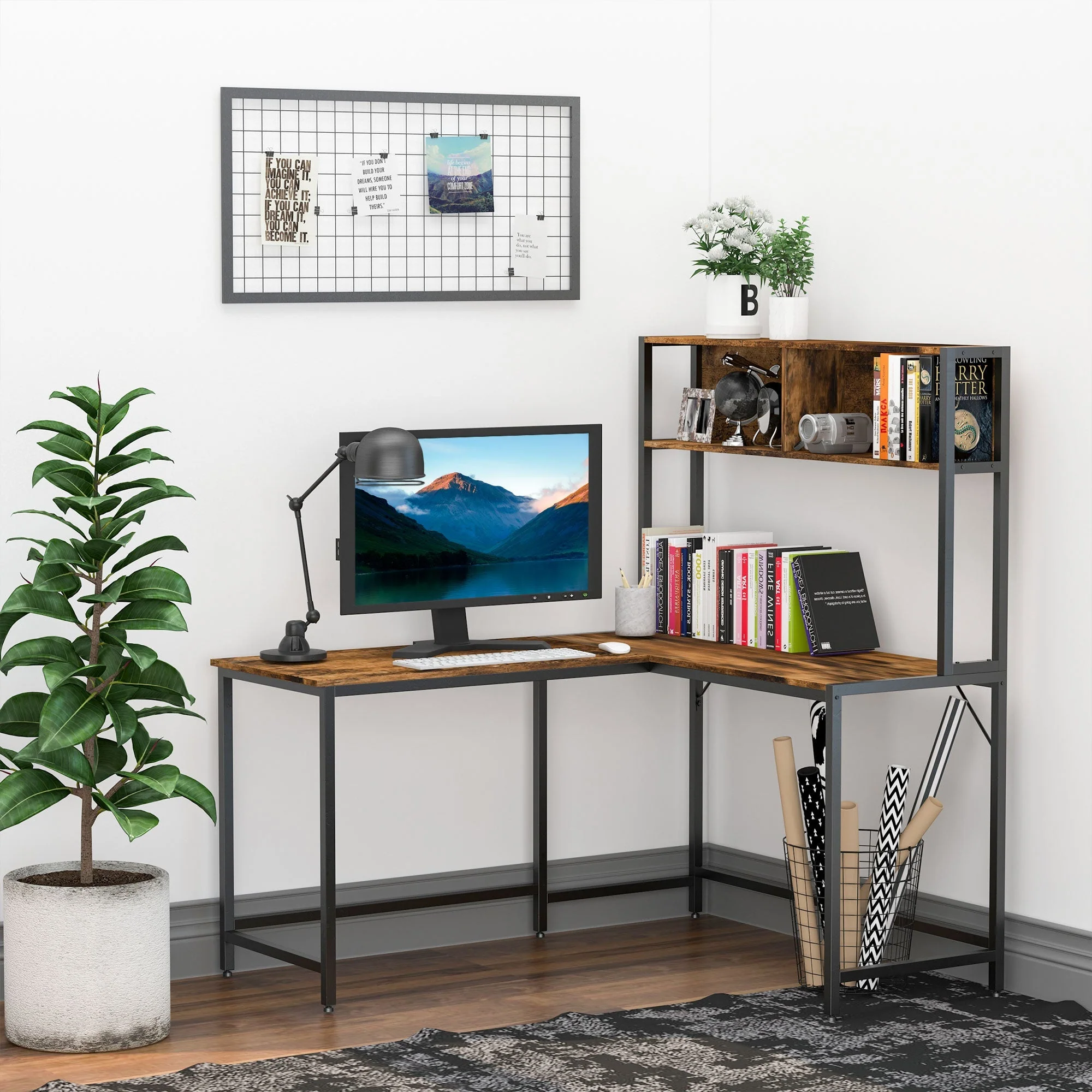 149H x 140L x 125W cm Particle Board Industrial L-Shaped Desk w Shelf - Brown & Black - Image 2