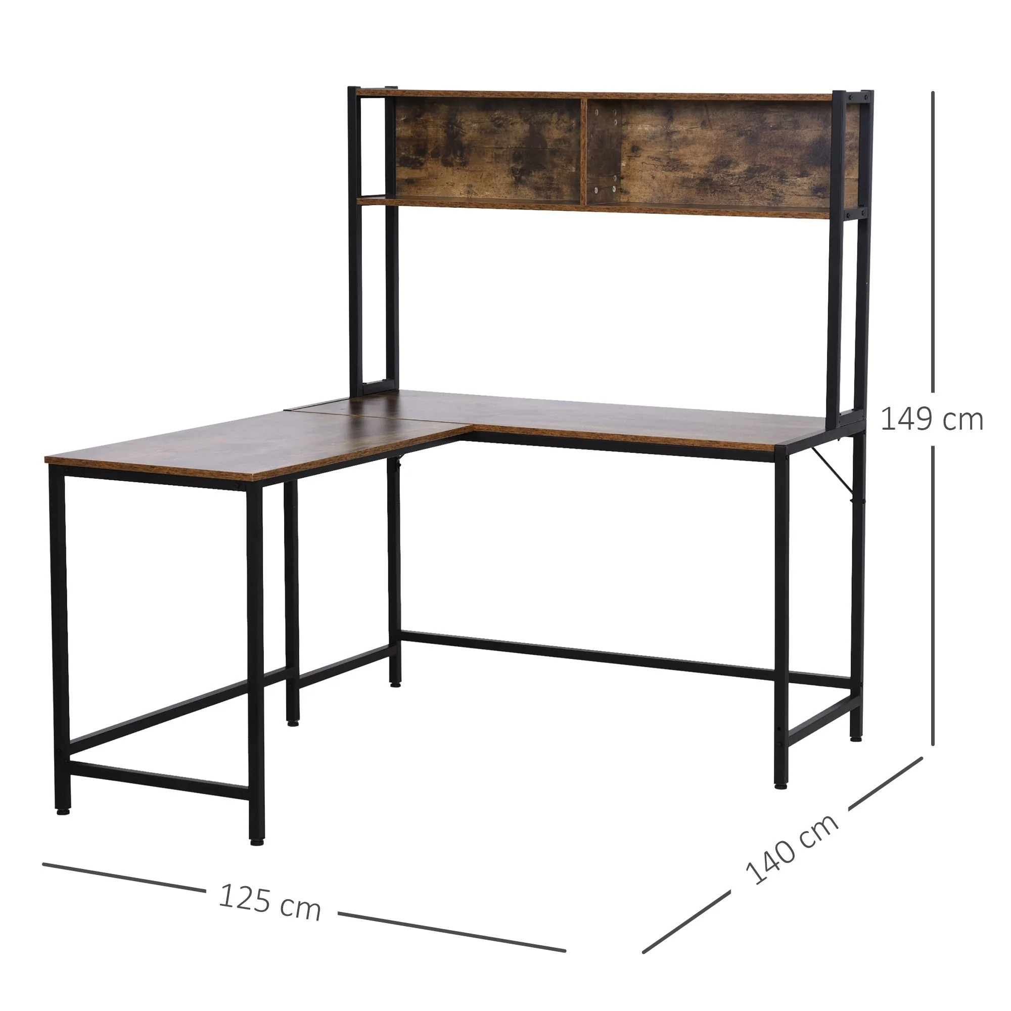 149H x 140L x 125W cm Particle Board Industrial L-Shaped Desk w Shelf - Brown & Black - Image 3