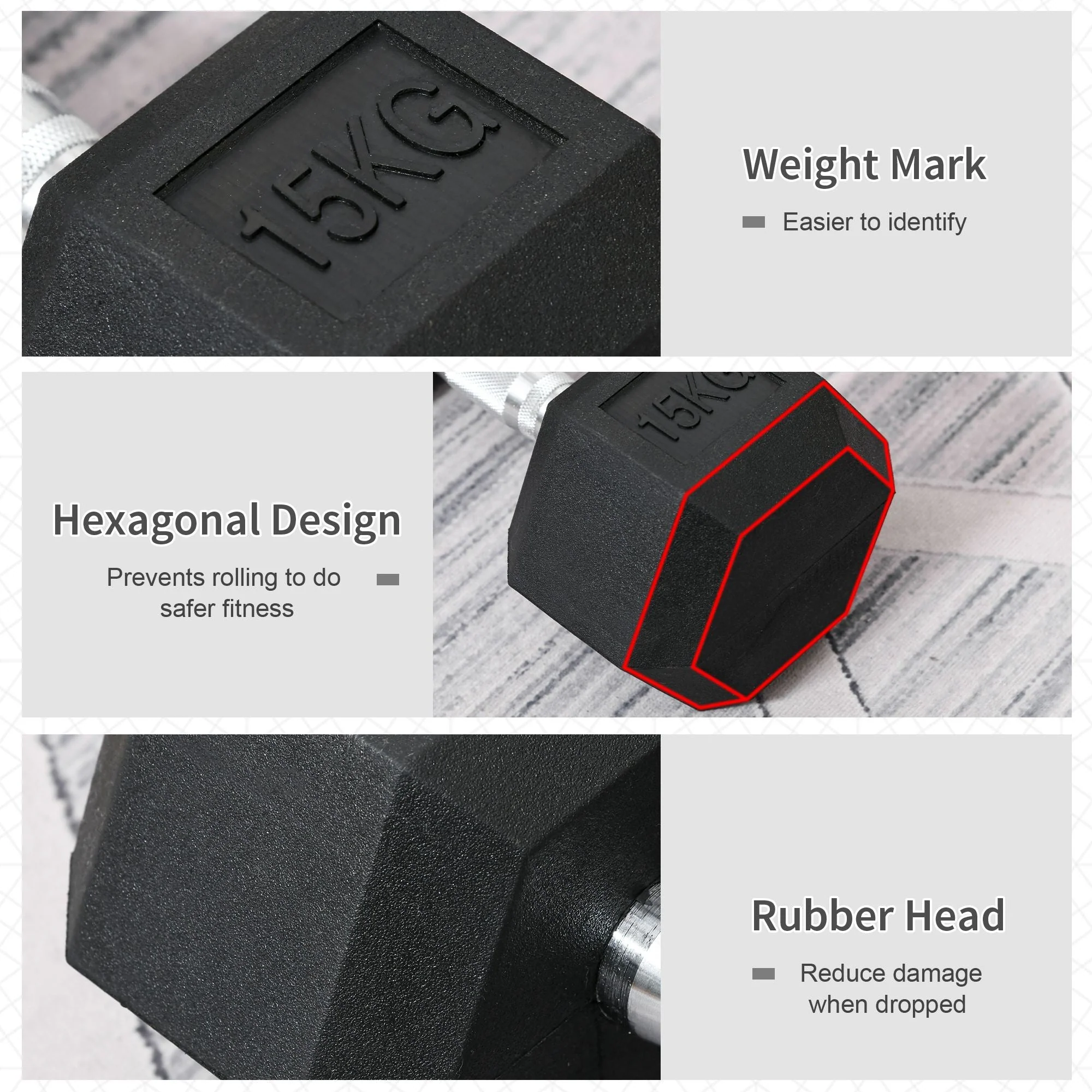 15KG Single Rubber Hex Dumbbell Portable Hand Weights Dumbbell Home Gym - Image 4