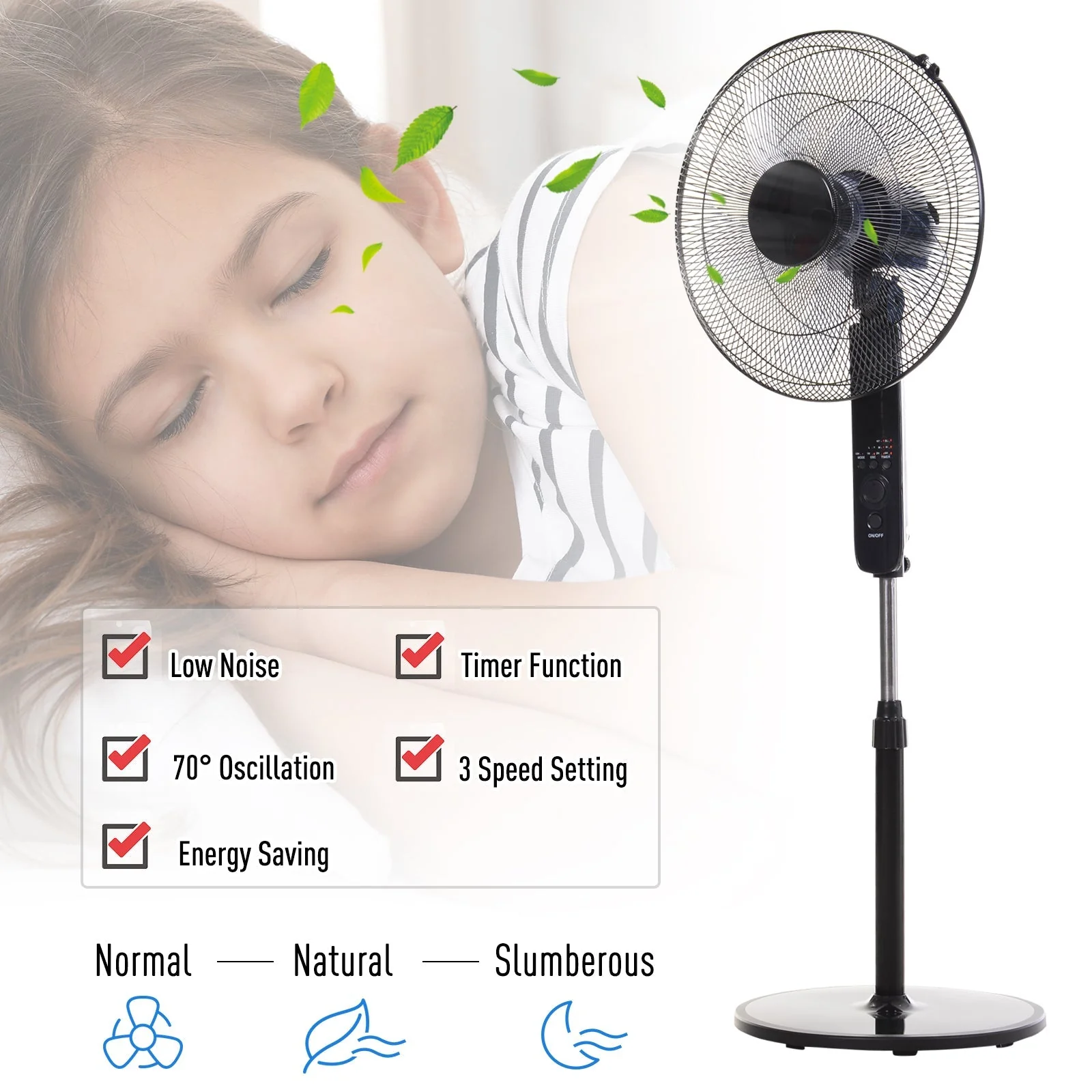17" Oscillating Three Speed Adjustable Height Pedestal Fan With Remote Black by Homcom - Image 4