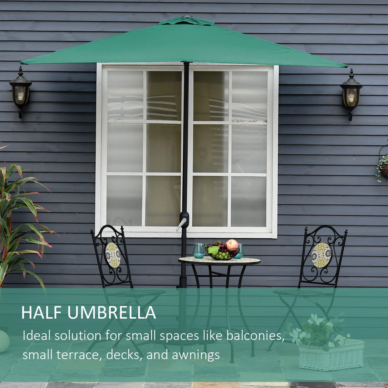 2.3m Half Round Parasol Umbrella Balcony Sun Shade Metal Green - Image 4