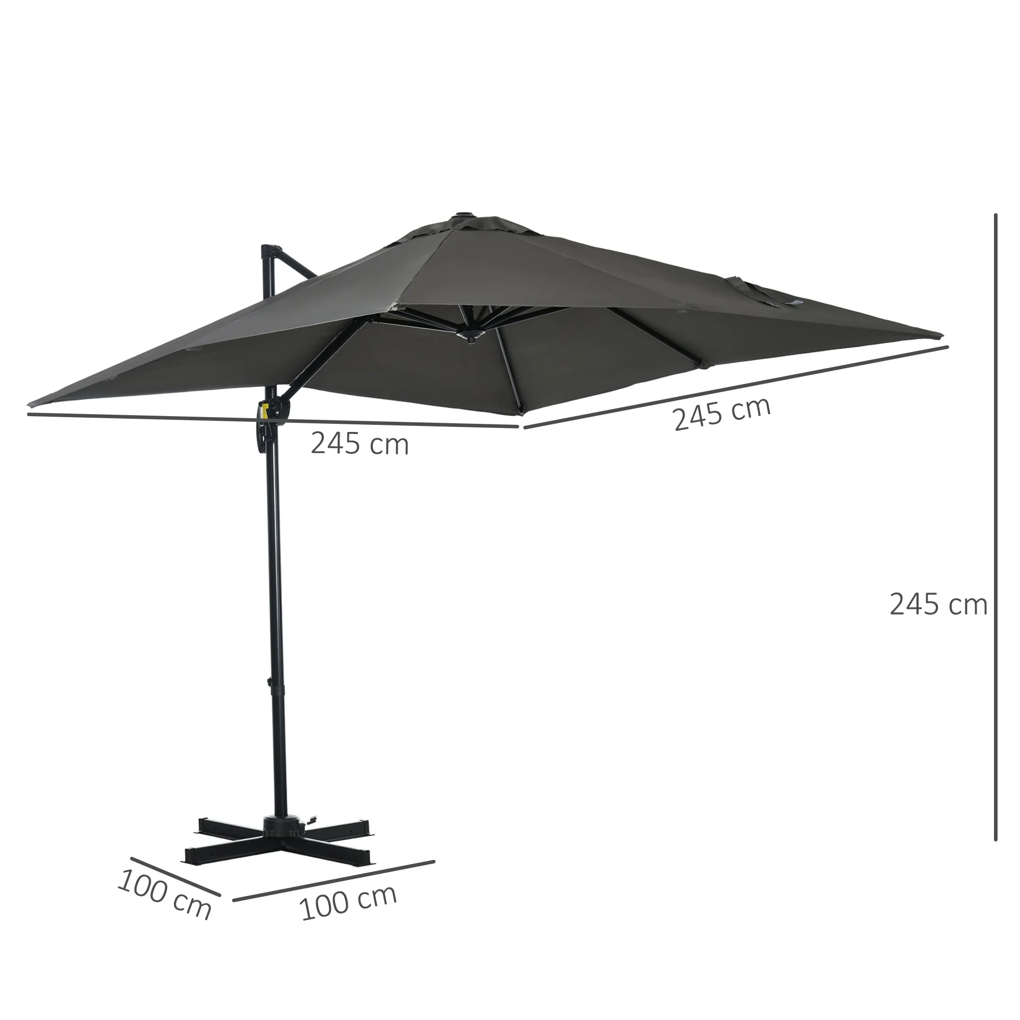 2.5 x 2.5m Patio Offset Parasol Umbrella Cantilever Hanging Aluminium Sun Shade Canopy Shelter 360° Rotation with Crank Handle and Cross Base - Image 3