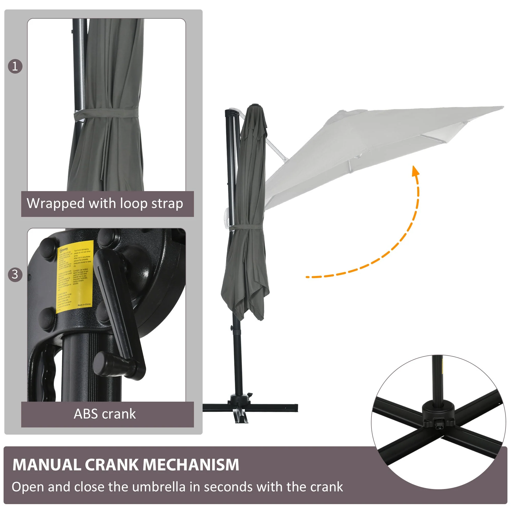 2.5 x 2.5m Patio Offset Parasol Umbrella Cantilever Hanging Aluminium Sun Shade Canopy Shelter 360° Rotation with Crank Handle and Cross Base - Image 6