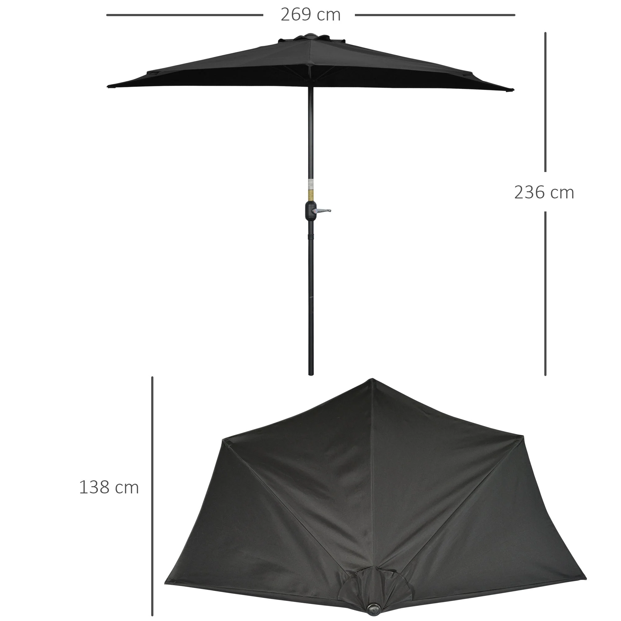 2.7m Balcony Half Parasol 5 Steel Ribs Construction Garden Outdoor Umbrella Black - Image 3