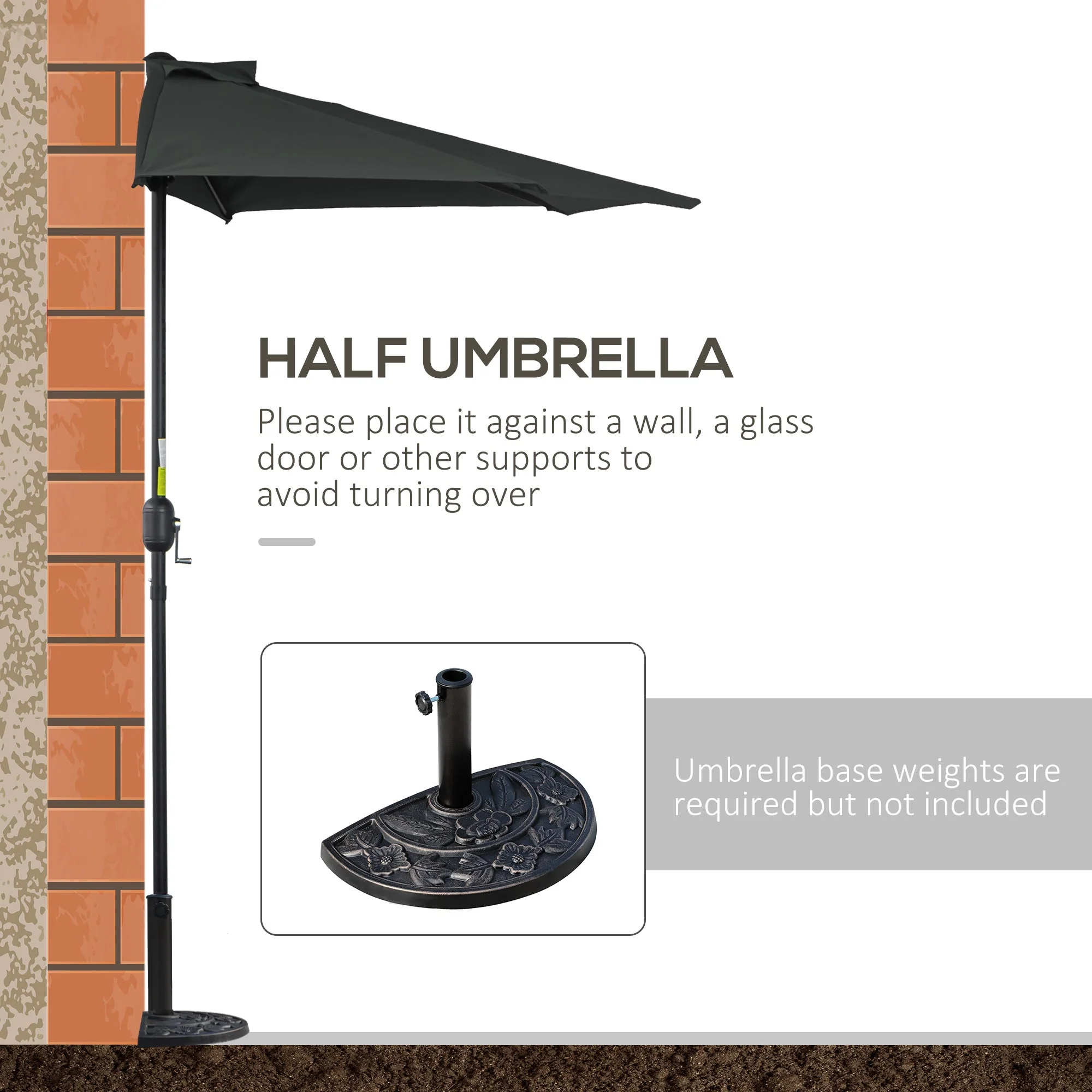 2.7m Balcony Half Parasol 5 Steel Ribs Construction Garden Outdoor Umbrella Black - Image 5