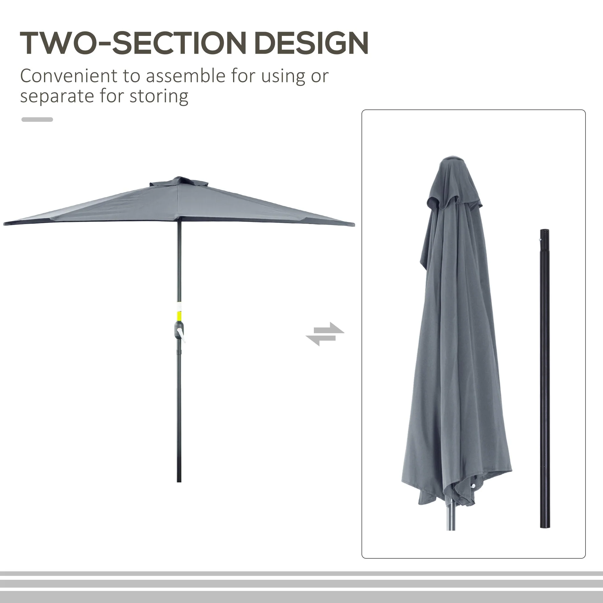 2.7m Balcony Half Parasol 5 Steel Ribs Construction Garden Outdoor Umbrella Grey - Image 5