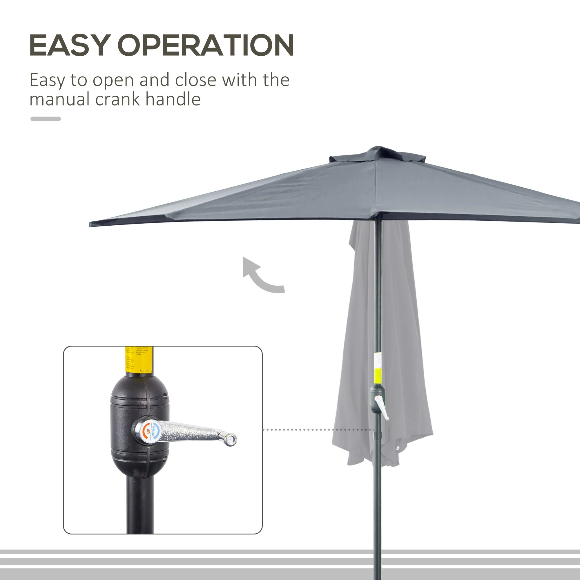 2.7m Balcony Half Parasol 5 Steel Ribs Construction Garden Outdoor Umbrella Grey - Image 6