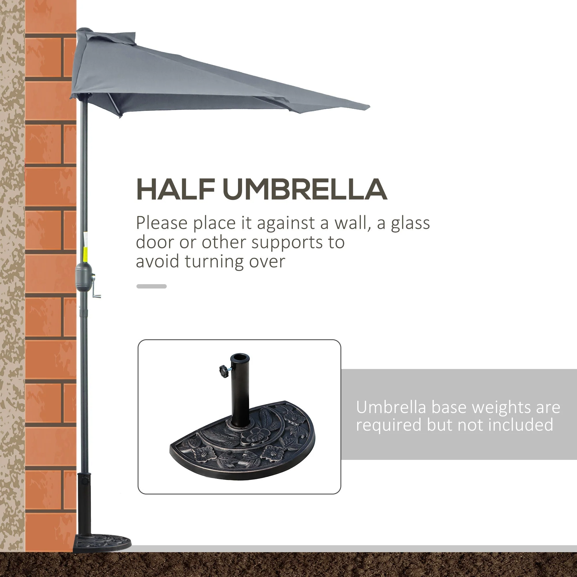 2.7m Balcony Half Parasol 5 Steel Ribs Construction Garden Outdoor Umbrella Grey - Image 7