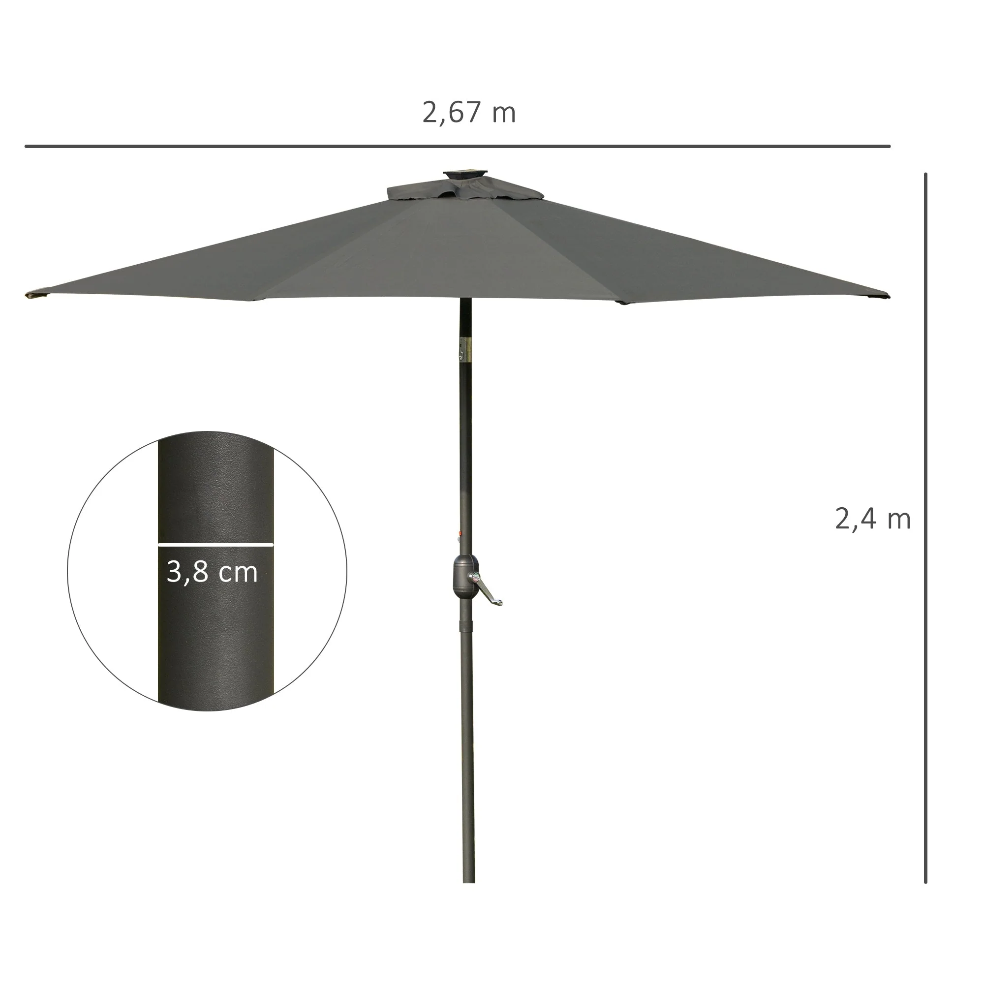 2.7m Patio LED Umbrella with Push Button Tilt/Crank 8 Rib Sun Shade Parasol - Image 3