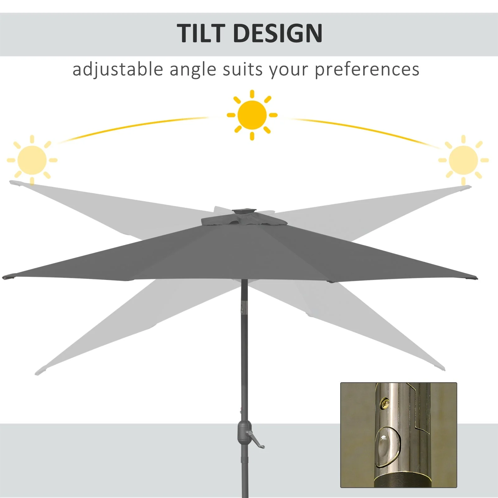 2.7m Patio LED Umbrella with Push Button Tilt/Crank 8 Rib Sun Shade Parasol - Image 5