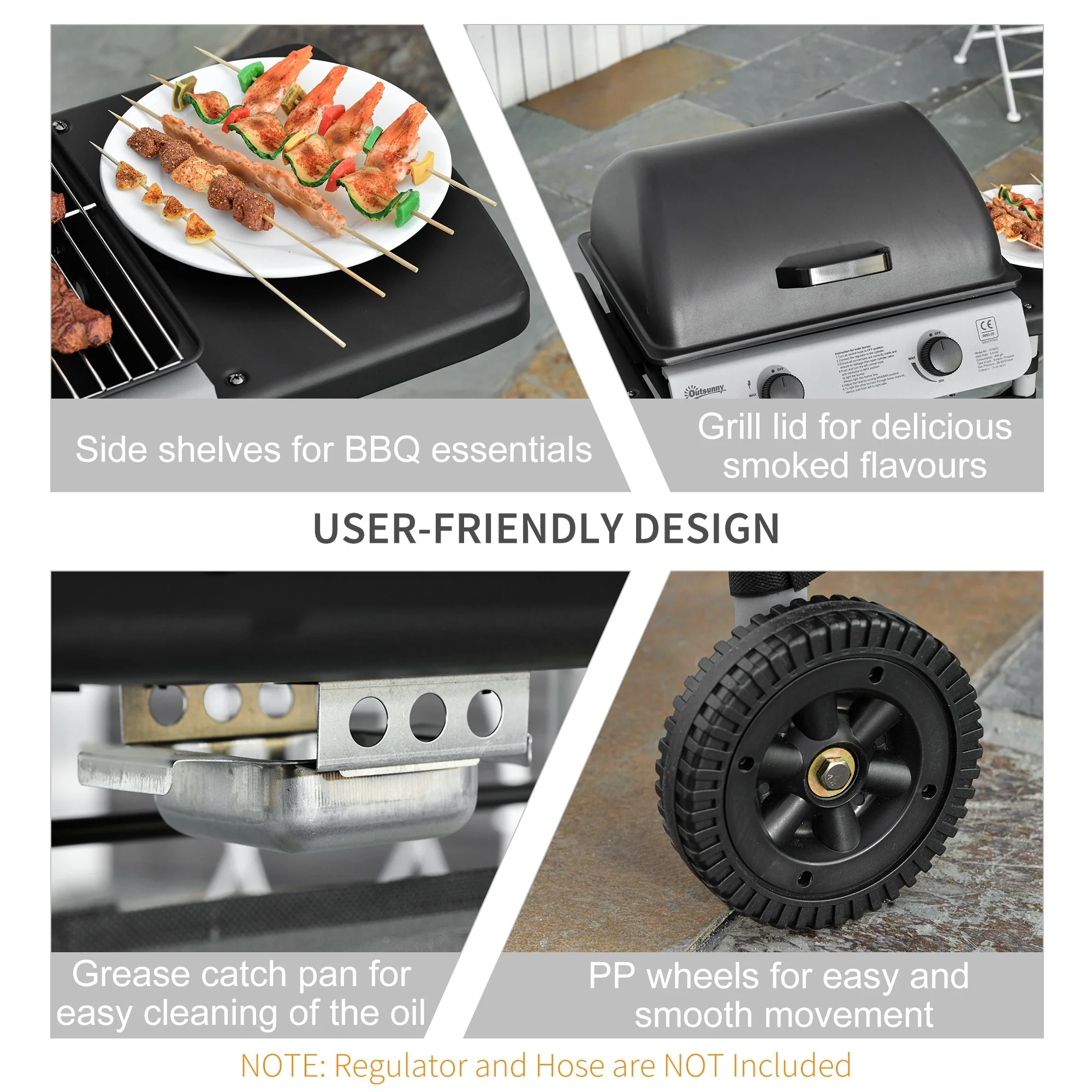 2 Burner Gas Barbecue Grill Propane Gas Cooking BBQ Grill 5.6 kW with Side Shelves Wheels - Image 6