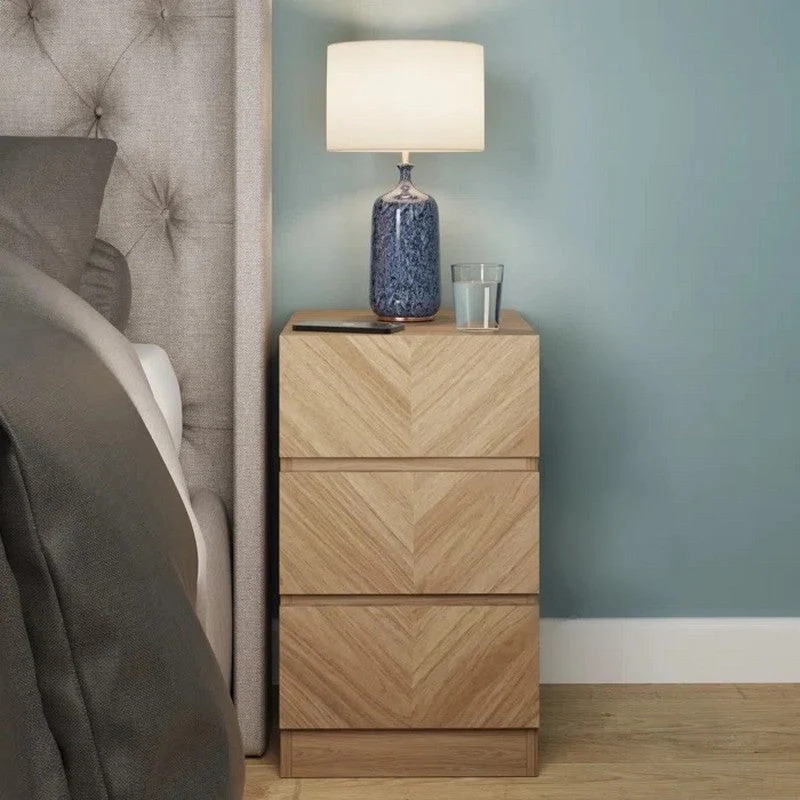 2 Catania Slim Bedside Tables Light Brown 3 Drawers - Image 2