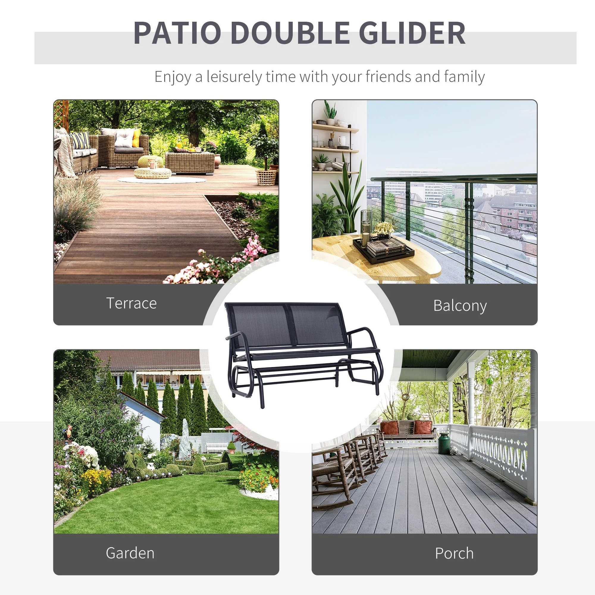 2-Person Outdoor Glider Bench Patio 2 Seater Swing Gliding Chair Loveseat w/Power Coated Steel Frame for Backyard Garden Porch - Image 4