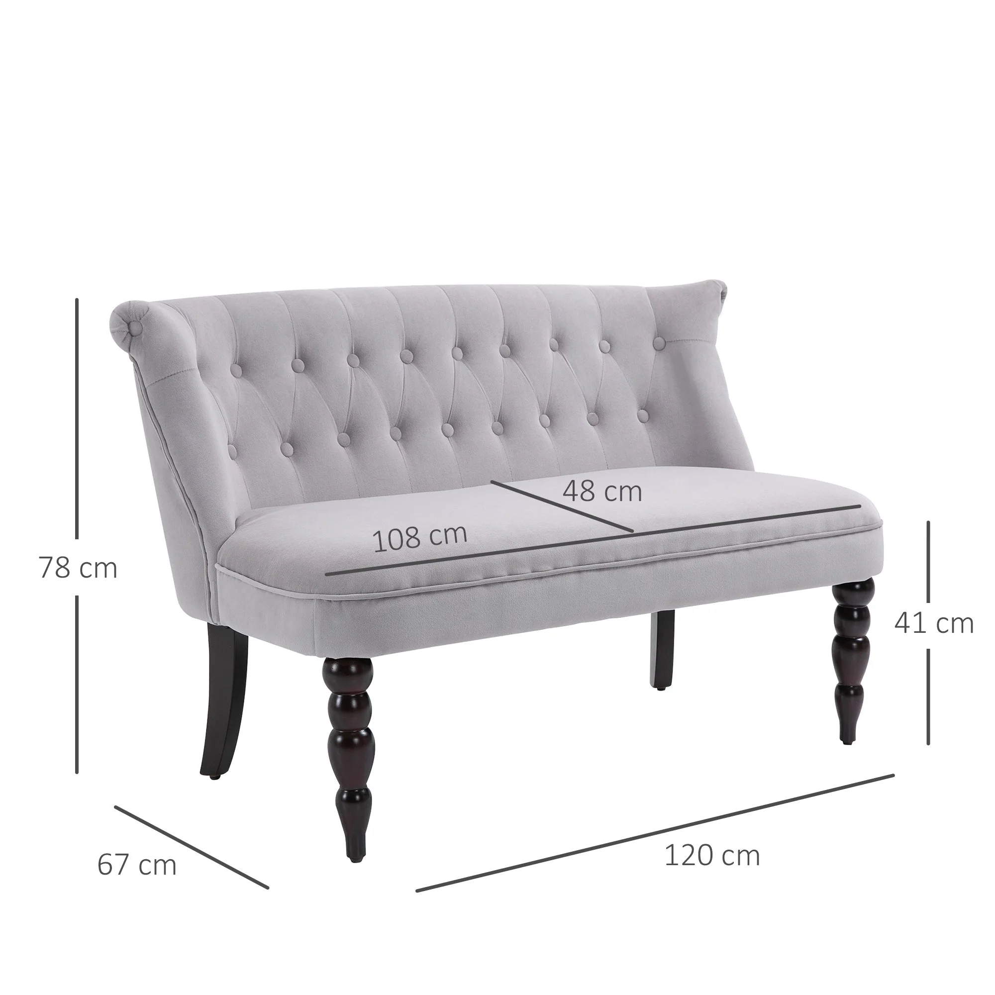 2 Seat Sofa Lounger Couch with Wood Frame Button Tufts Carved Legs Vintage Design Compact Home Bedroom Loveseat Grey - Image 3
