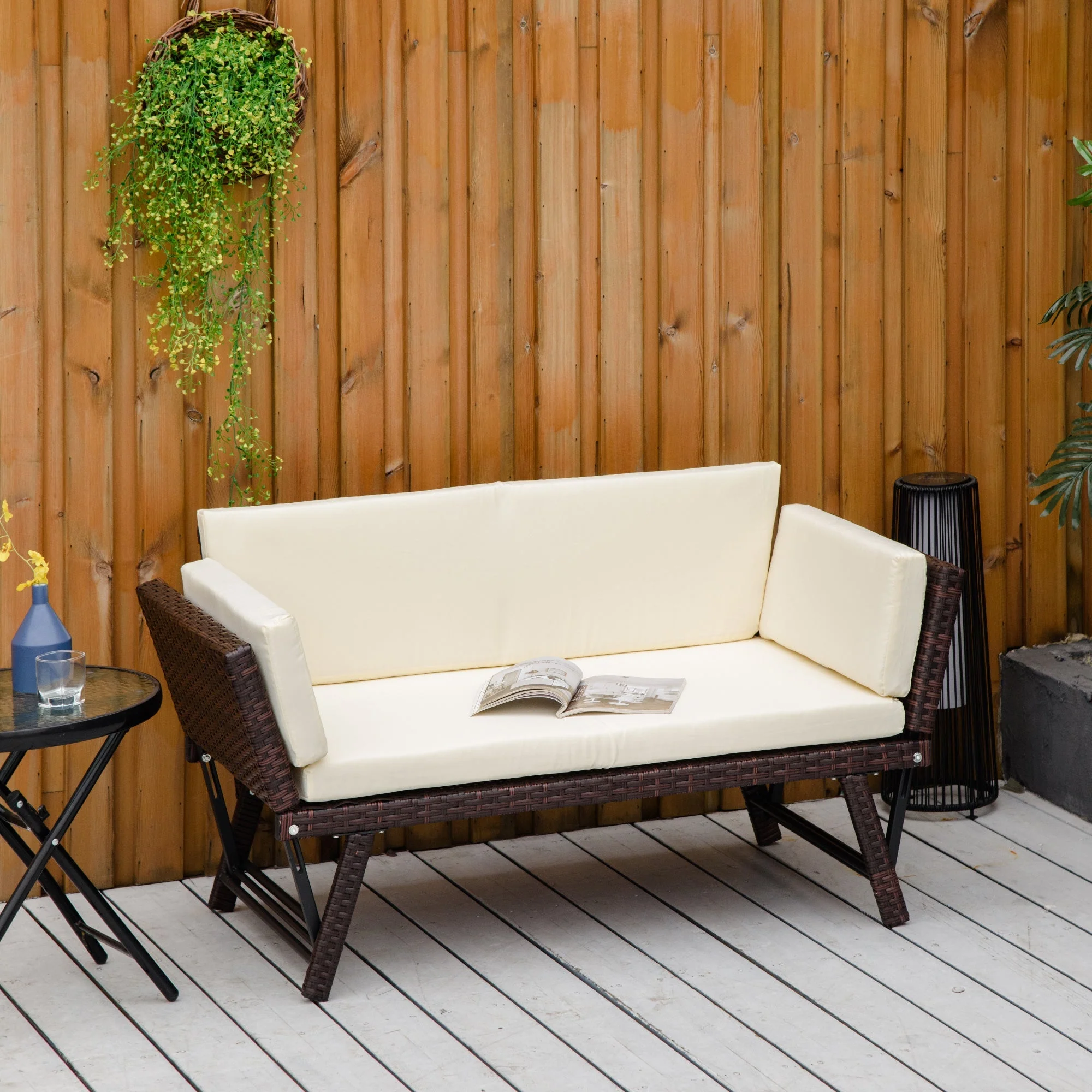 2 Seater 2-in-1 Rattan Convertible Sofa Daybed Brown - Image 2