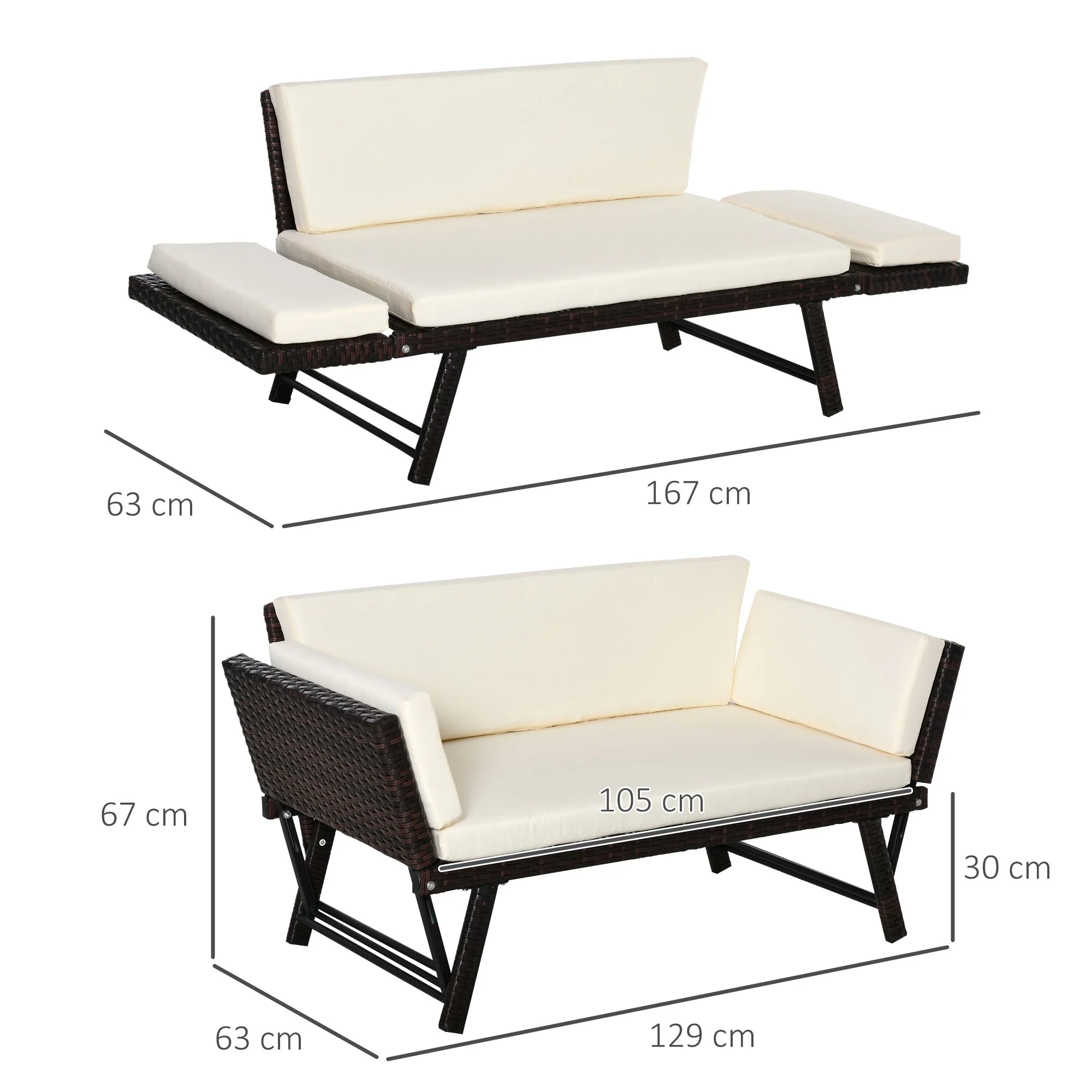 2 Seater 2-in-1 Rattan Convertible Sofa Daybed Brown - Image 3