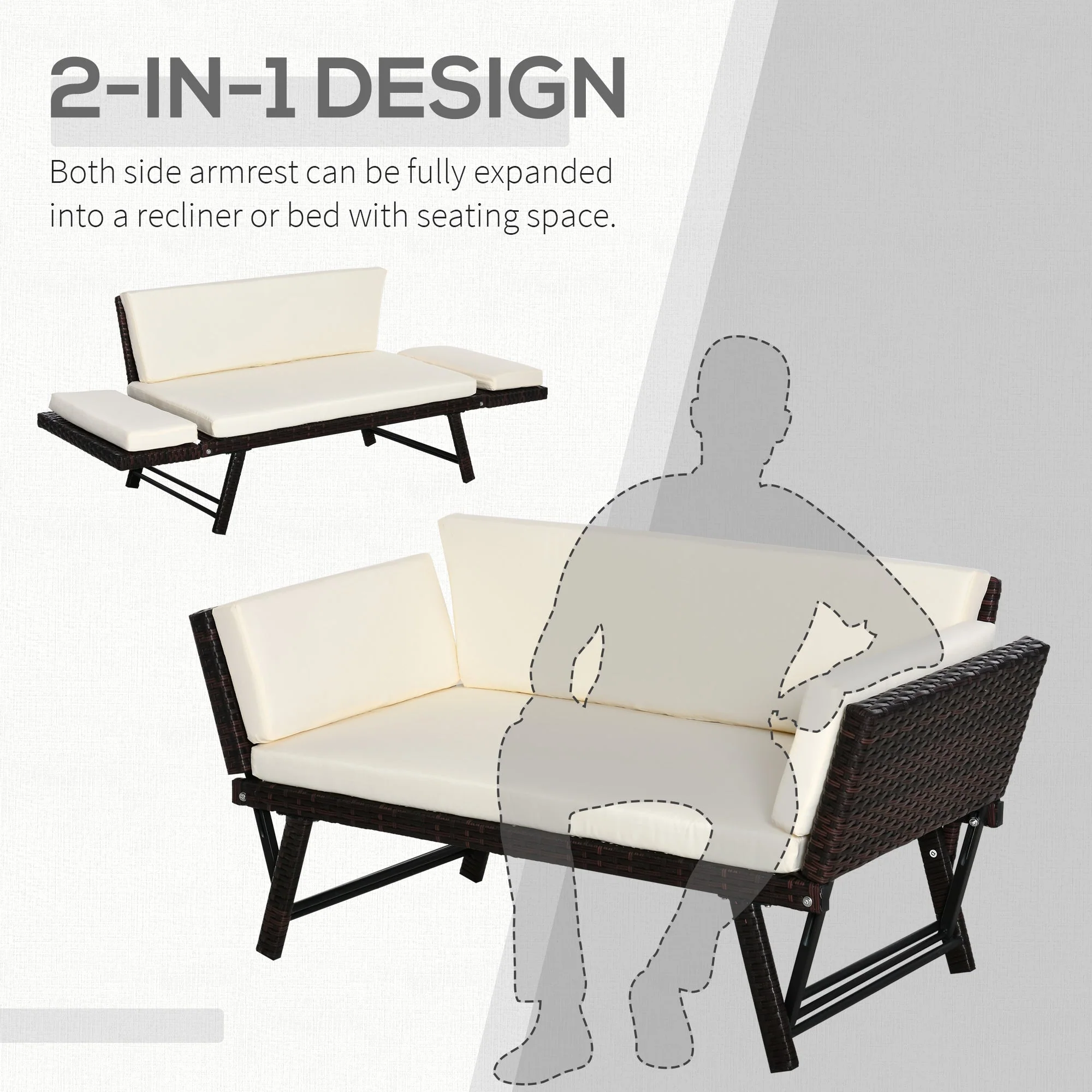 2 Seater 2-in-1 Rattan Convertible Sofa Daybed Brown - Image 4