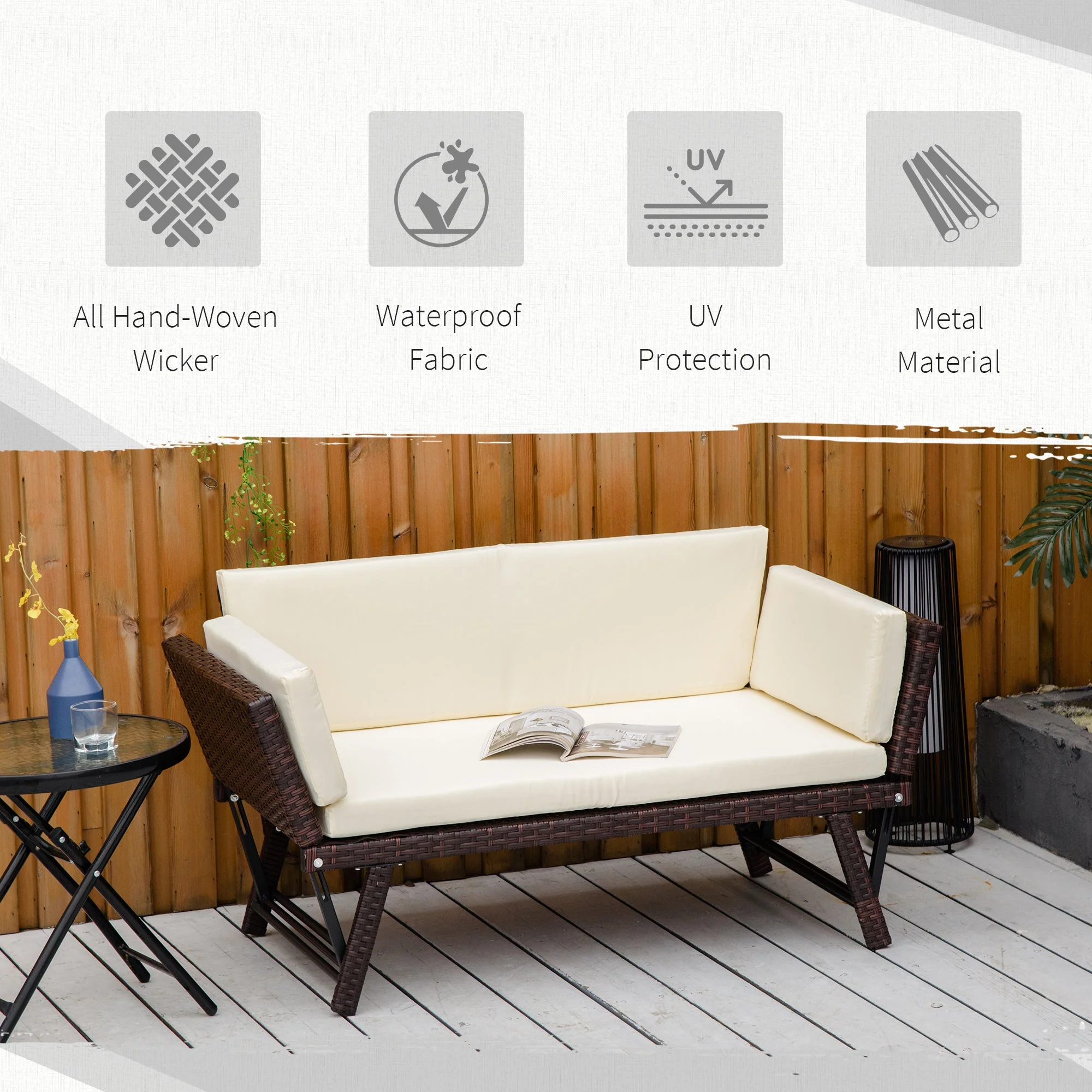 2 Seater 2-in-1 Rattan Convertible Sofa Daybed Brown - Image 5