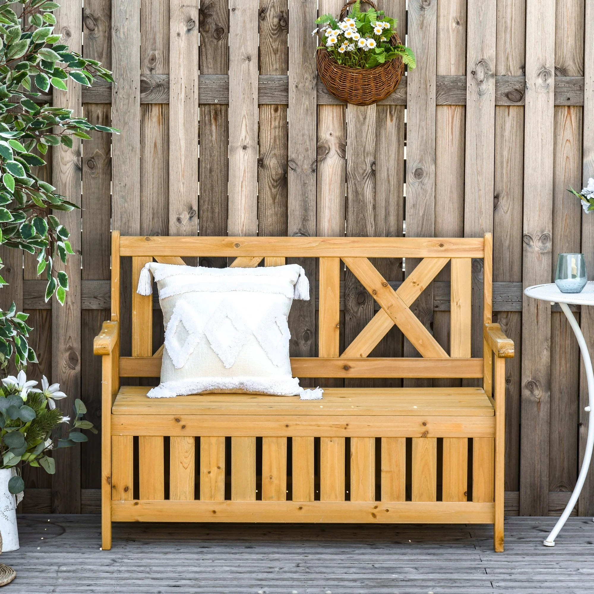 2 Seater Garden Storage Bench for Patio Wood Porch Decor Outdoor Seating - Image 2