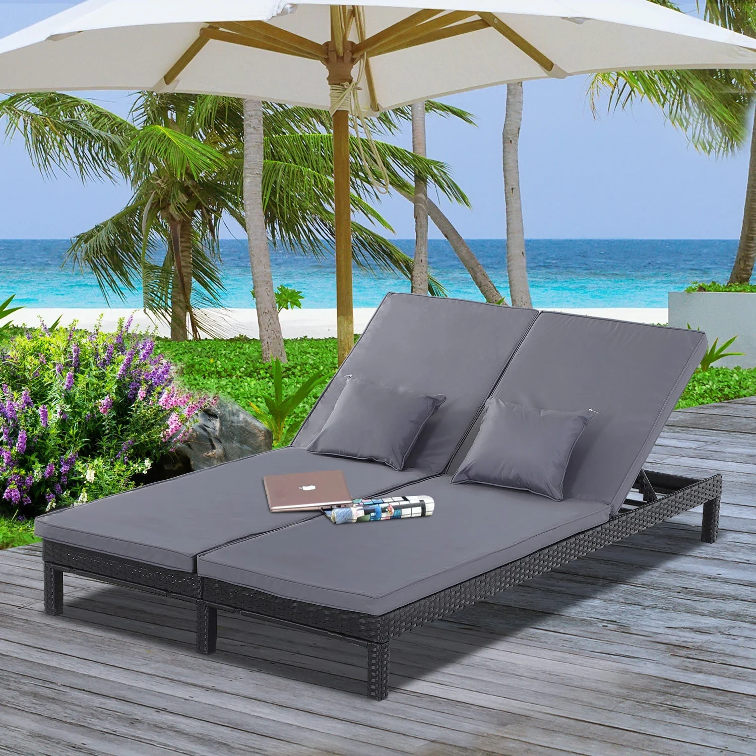2 Seater Rattan Lounger Adjustable Double Chaise Chair Loveseat w/ Cushion Black - Image 2