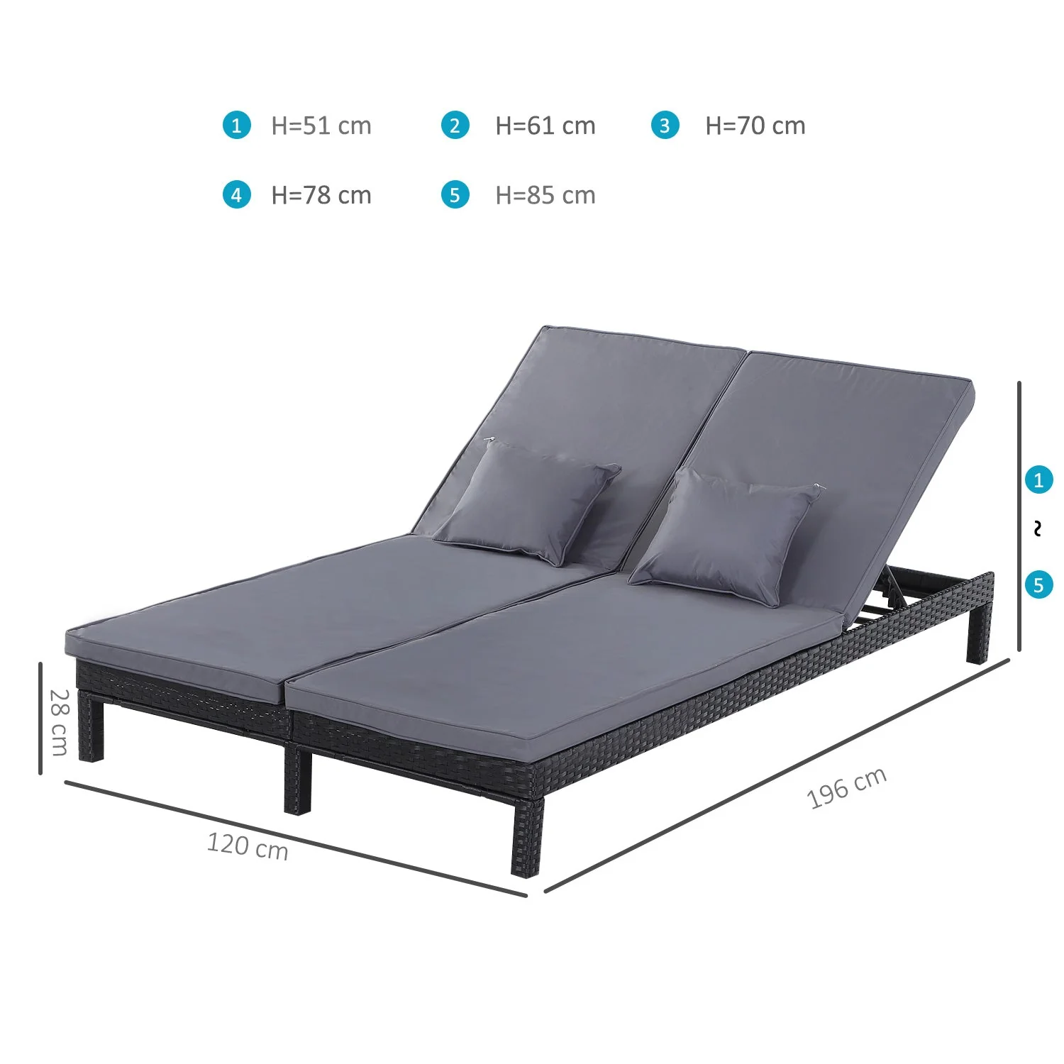 2 Seater Rattan Lounger Adjustable Double Chaise Chair Loveseat w/ Cushion Black - Image 3