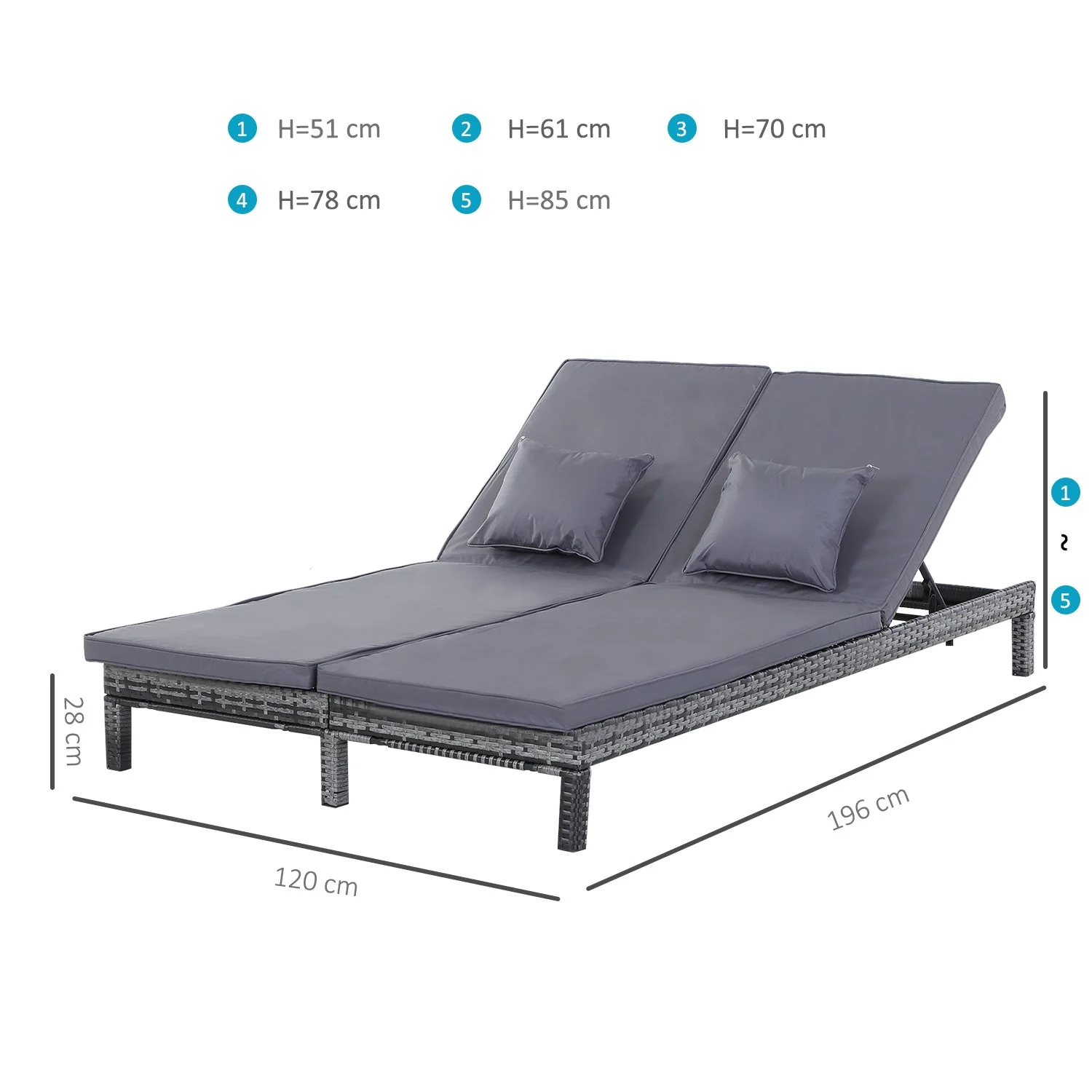 2 Seater Rattan Lounger Adjustable Double Chaise Chair Loveseat w/ Cushion - Grey - Image 3