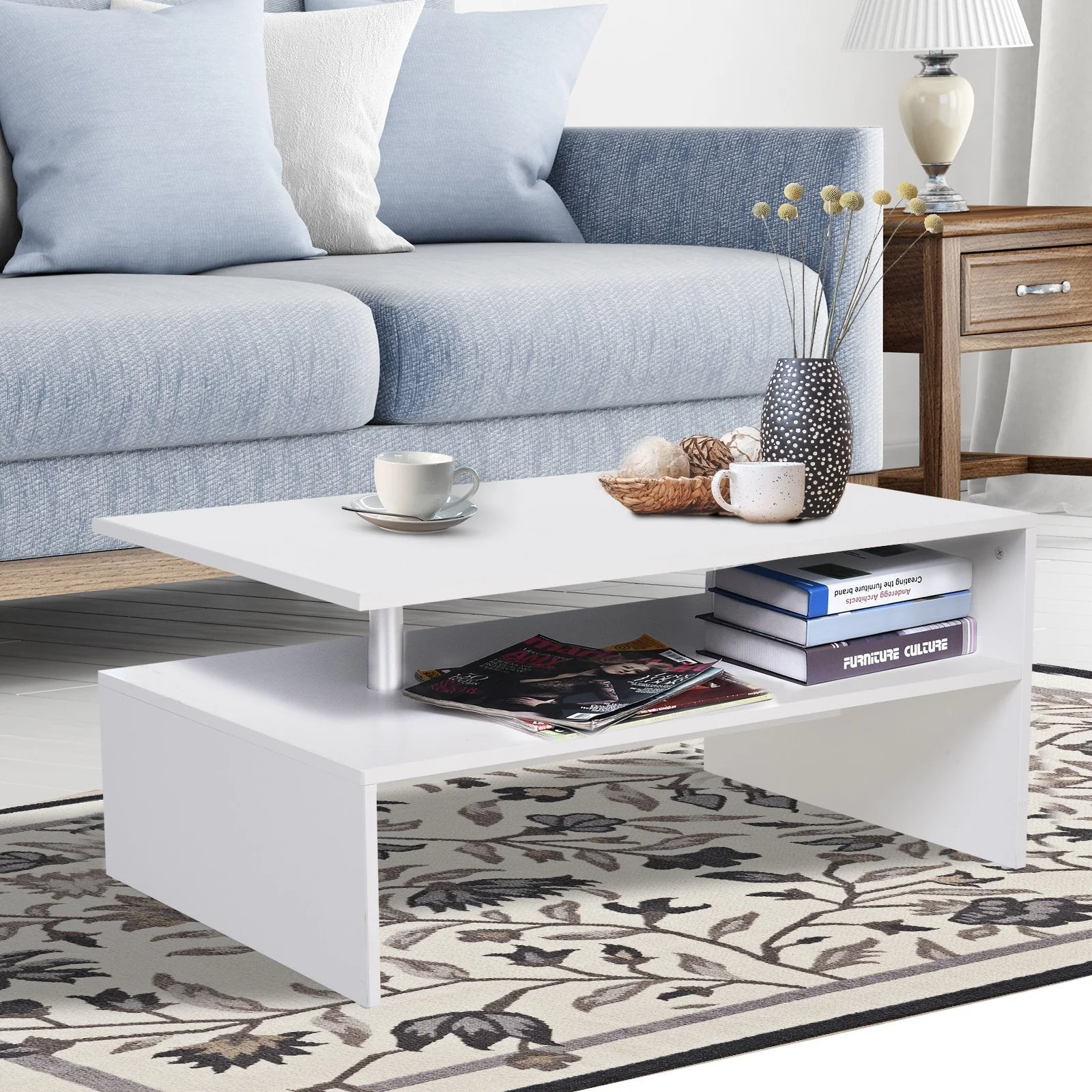 2-Tier Coffee Table Side/End Table Modern Rectangular Design w/ Open Shelf Living Room Entryway Hallway Furniture White - Image 2