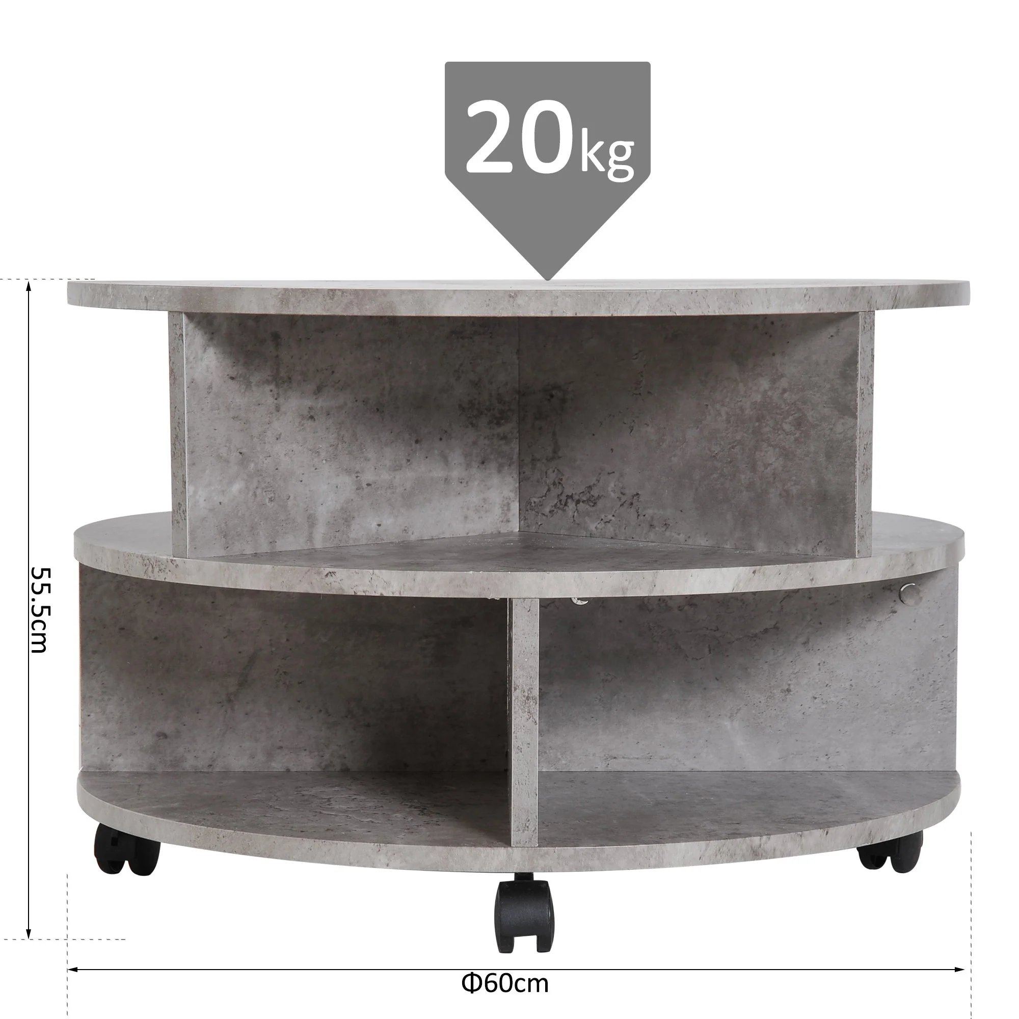 2 Tier Round Side End Table Coffee Desk with Divided Shelves Tea Table Storage Unit Living Room Organiser with Wheels - Cement colour - Image 3
