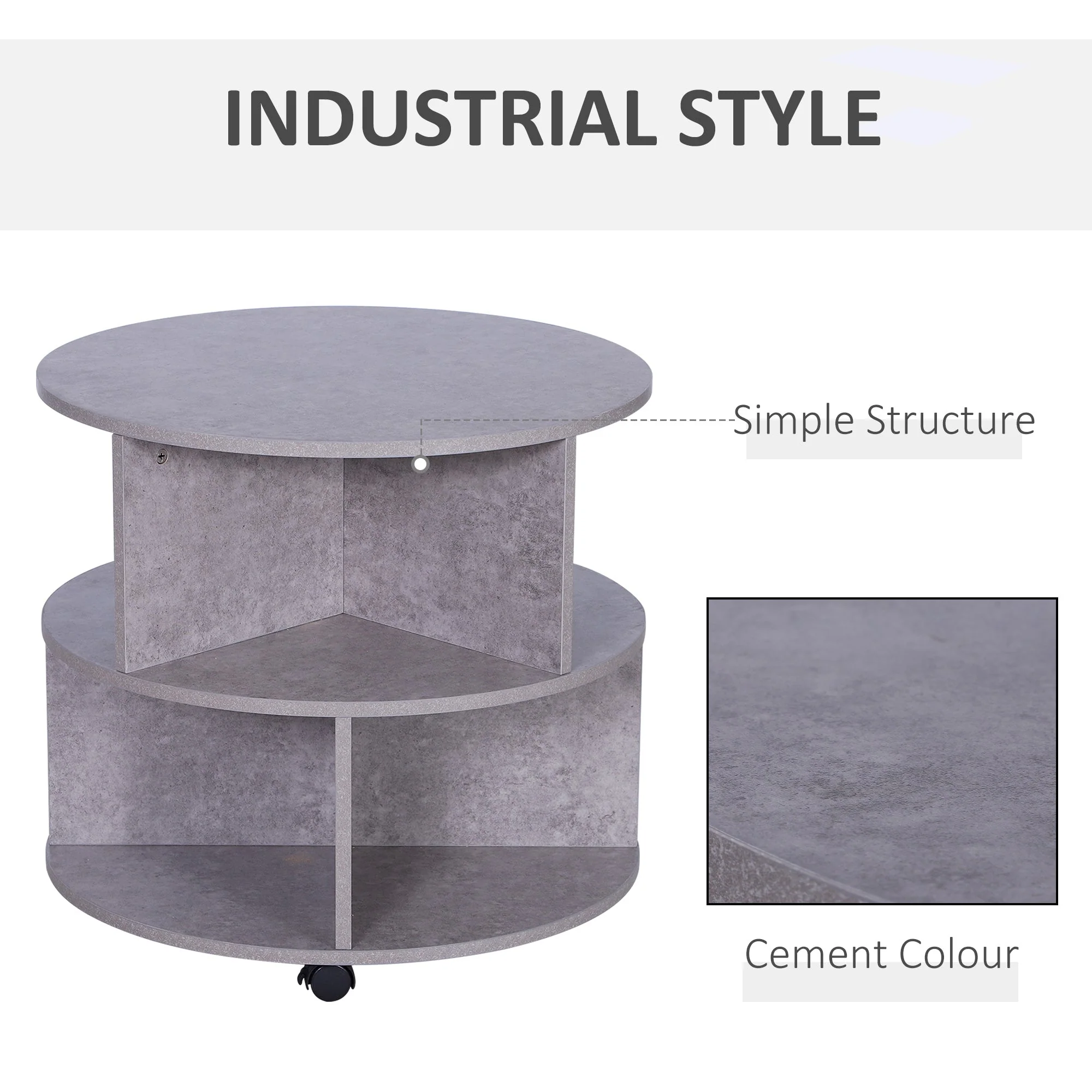 2 Tier Round Side End Table Coffee Desk with Divided Shelves Tea Table Storage Unit Living Room Organiser with Wheels - Cement colour - Image 4