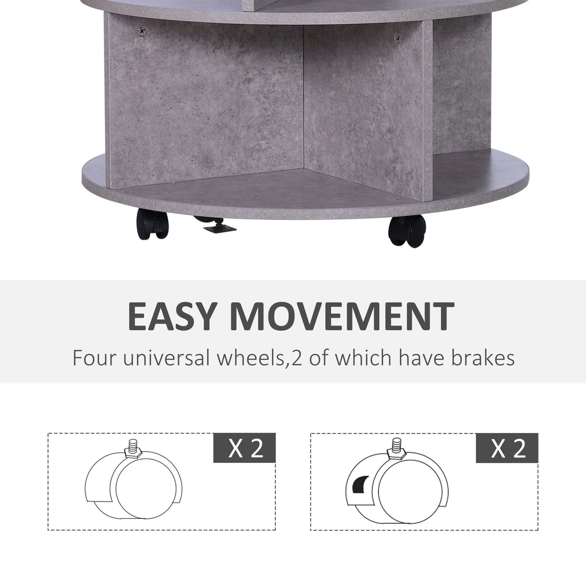 2 Tier Round Side End Table Coffee Desk with Divided Shelves Tea Table Storage Unit Living Room Organiser with Wheels - Cement colour - Image 5