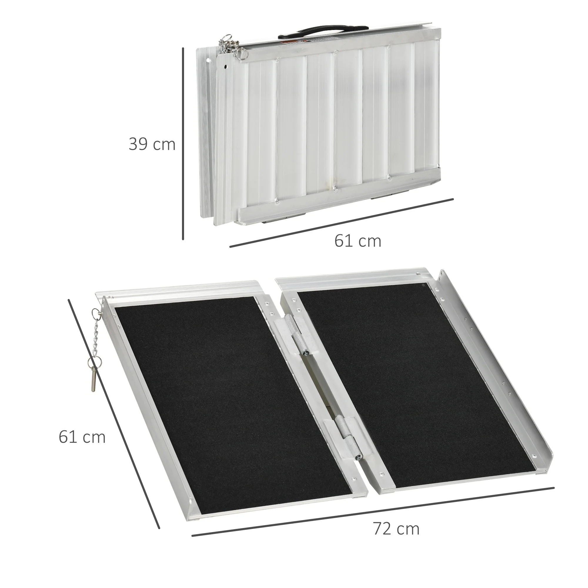 2ft Aluminium Duo Wheelchair Ramp Pushchair Mobility Assistance Folding w/ Carry Handle Locking Chain Portable 61L x 72W cm - Image 3