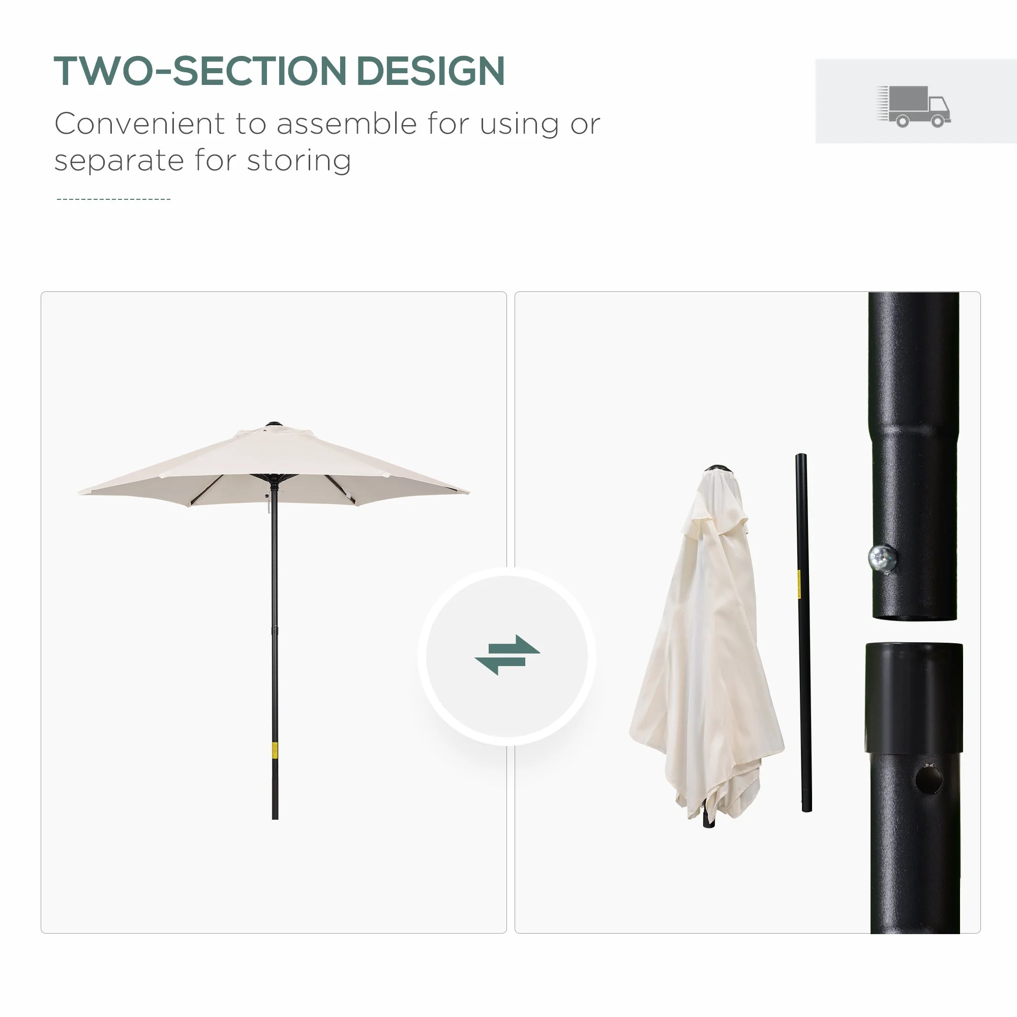 2m Aluminium Pole Garden Parasol - Cream White - Image 4