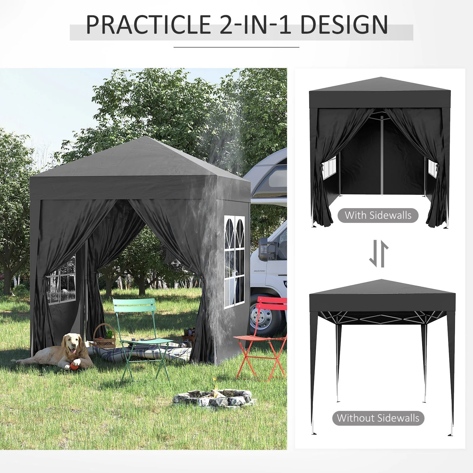2m x 2m Garden Pop Up Gazebo Marquee Party Tent Wedding Awning Canopy New With free Carrying Case Black + Removable 2 Walls 2 Windows - Image 5