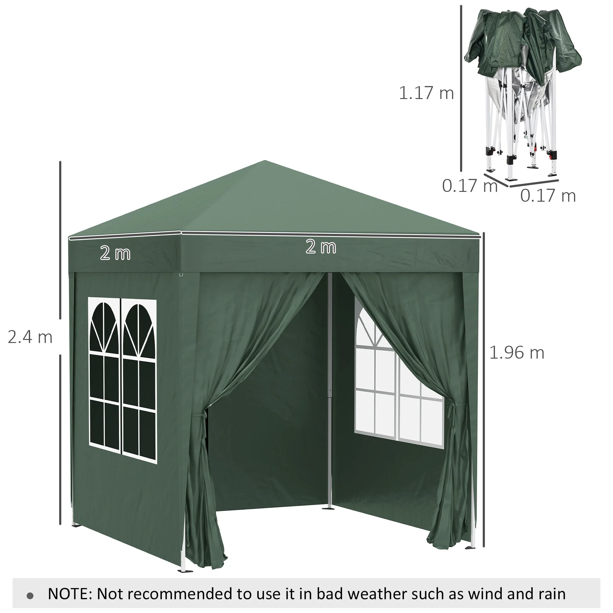 2m x 2m Garden Pop Up Gazebo Marquee Party Tent Wedding Awning Canopy New With free Carrying Case Green + Removable 2 Walls 2 Windows - Image 3