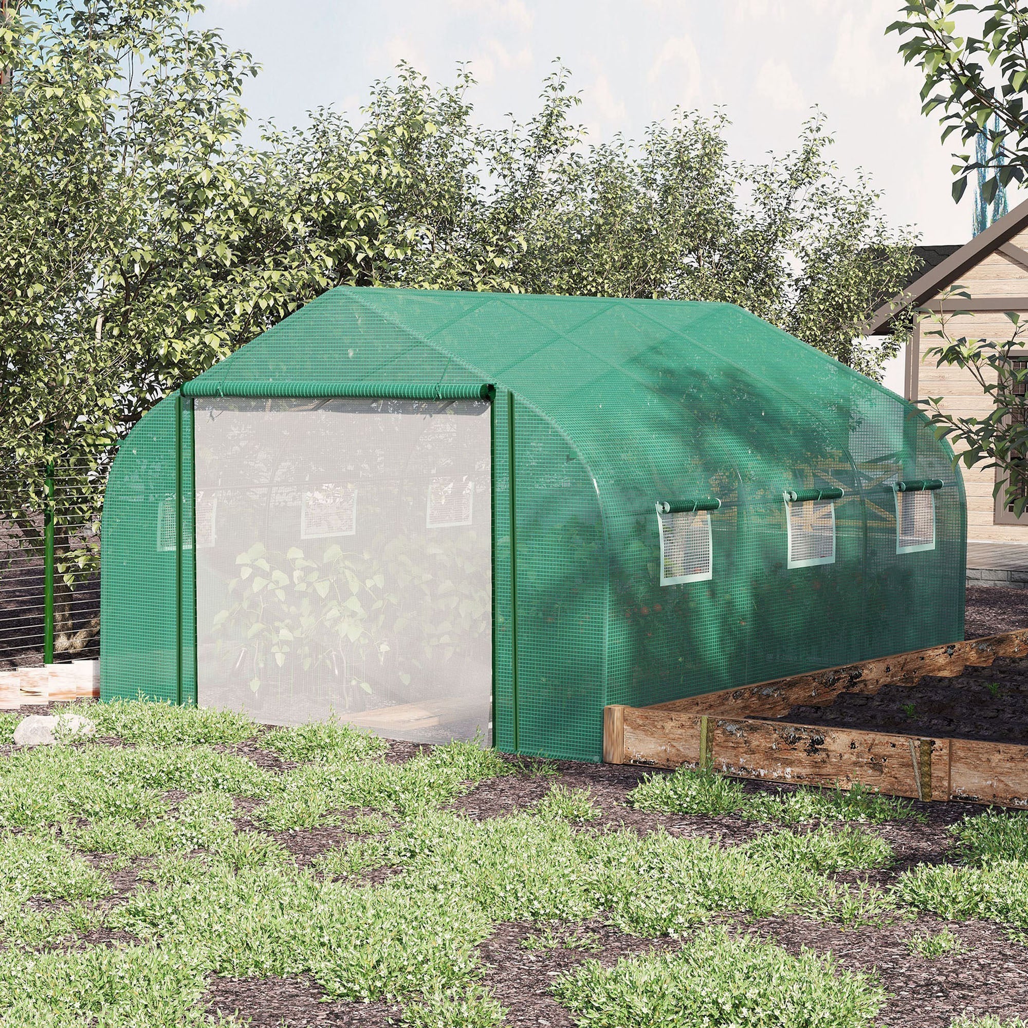 3.47 x 3 x 2m Walk-in Tunnel Greenhouse w/ Roll Up Door and 6 Windows - Image 2
