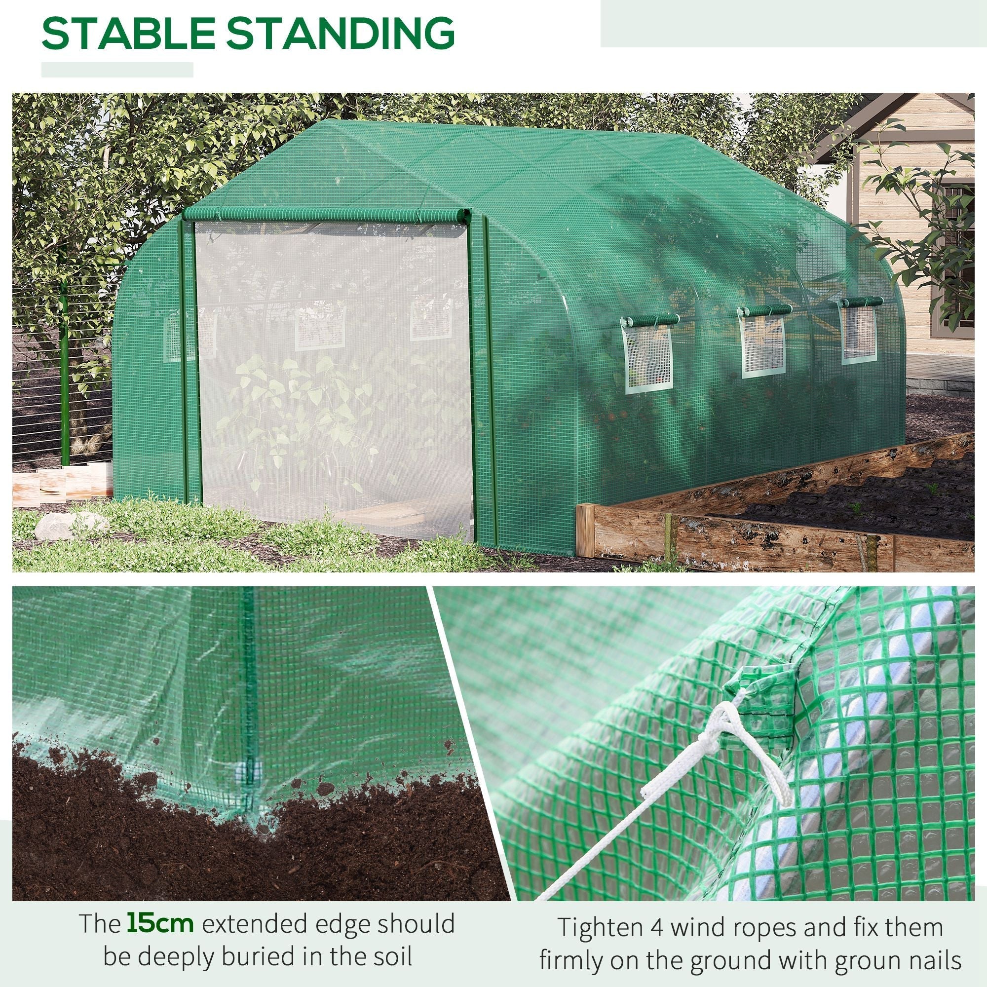 3.47 x 3 x 2m Walk-in Tunnel Greenhouse w/ Roll Up Door and 6 Windows - Image 5