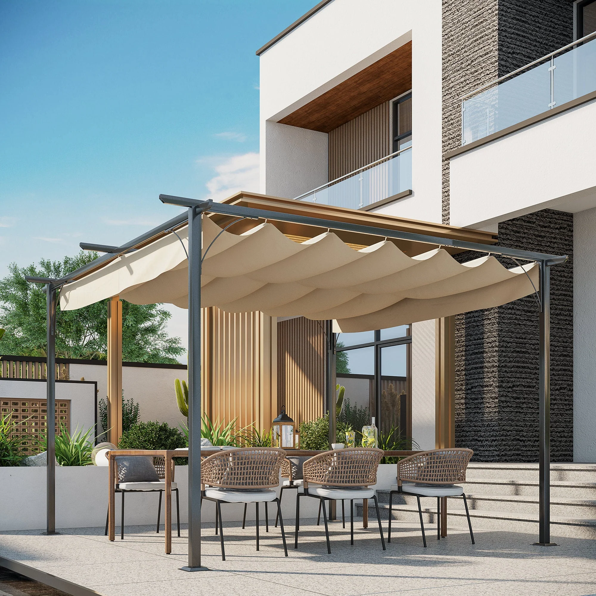 3.5M X 3.5M Metal Pergola Gazebo Awning Retractable Canopy Outdoor Garden Sun Shade Shelter Marquee Party BBQ - Image 2