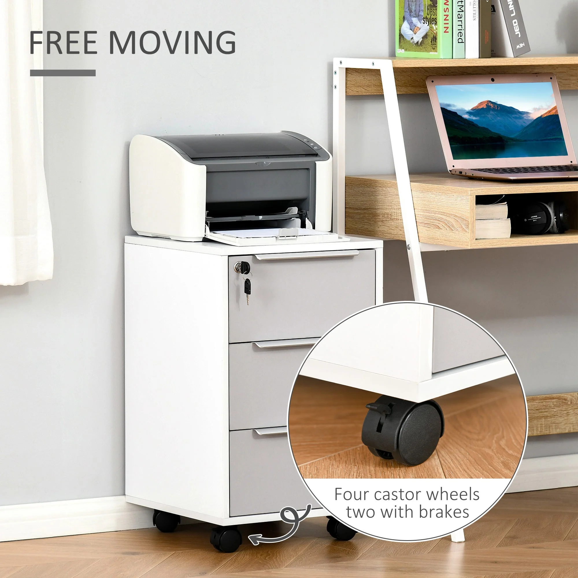 3-Drawer Locking File Cabinet Mobile Chest of Drawers Side Table on Wheels - Image 5