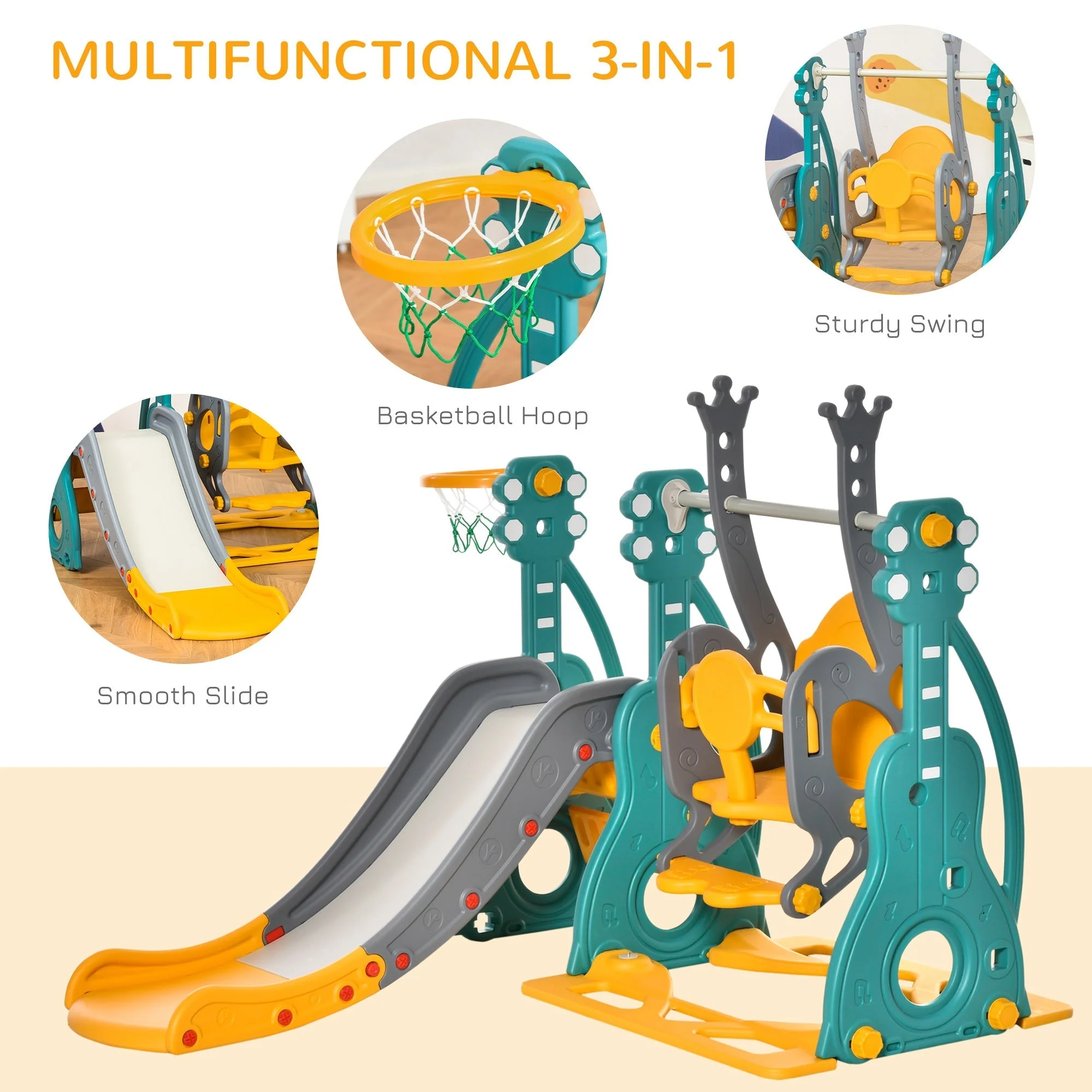 3-IN-1 Kids Swing and Slide Set Activity Center w/ Basketball Hoop Slide Swing - Image 3