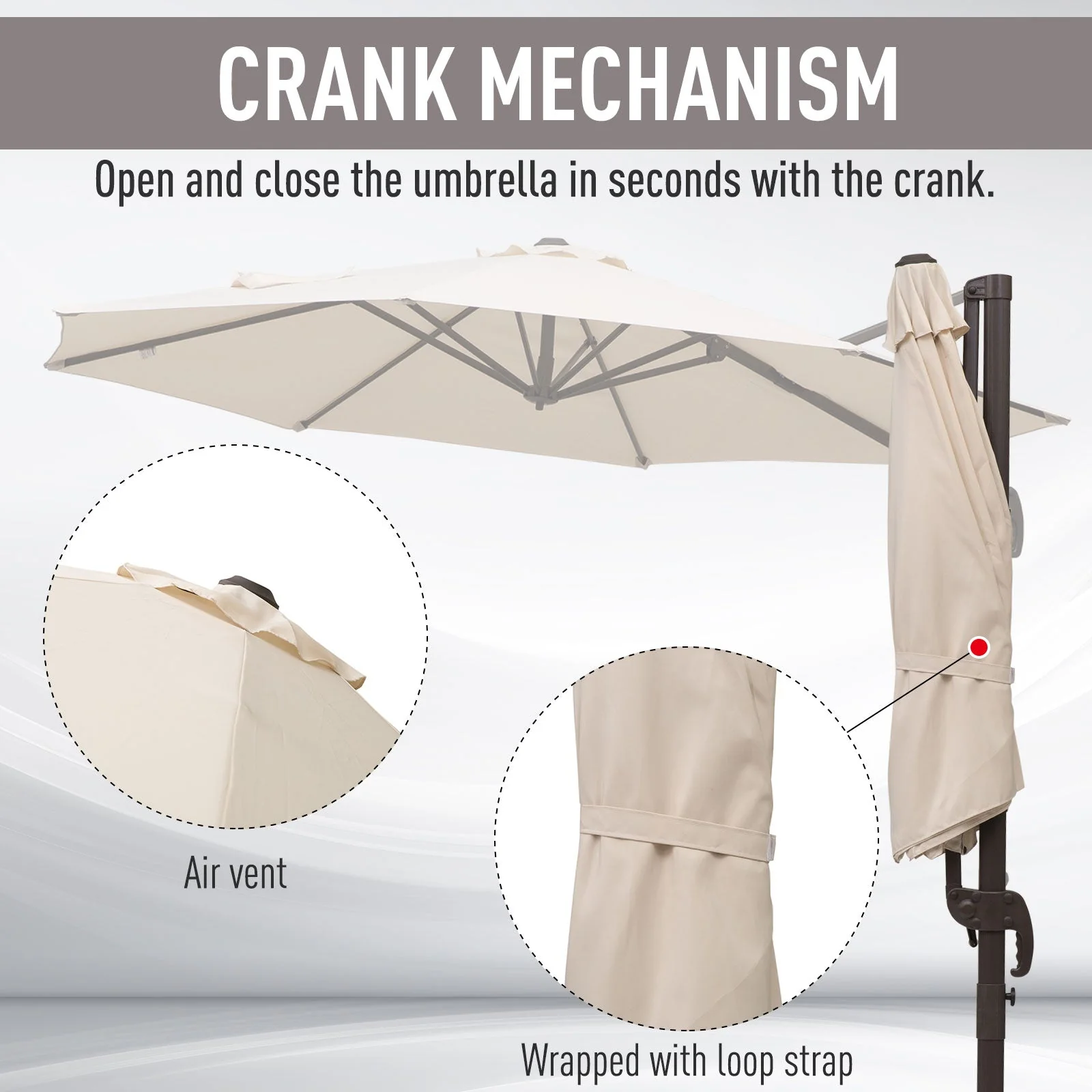 3 m Beach Hanging Umbrella Parasol W/Hand Crank-Beige - Image 7