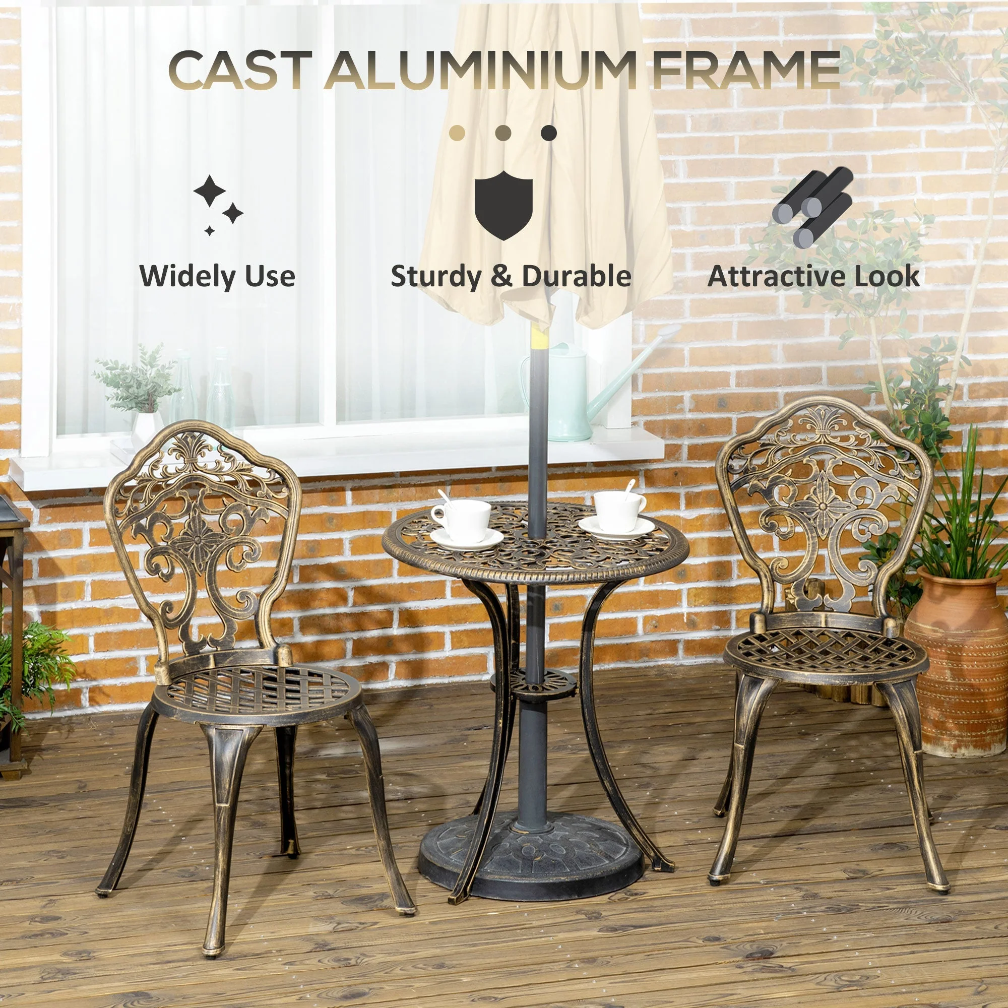 3-Piece Cast Aluminium Garden Bistro Set for 3 with Parasol Hole - Image 5